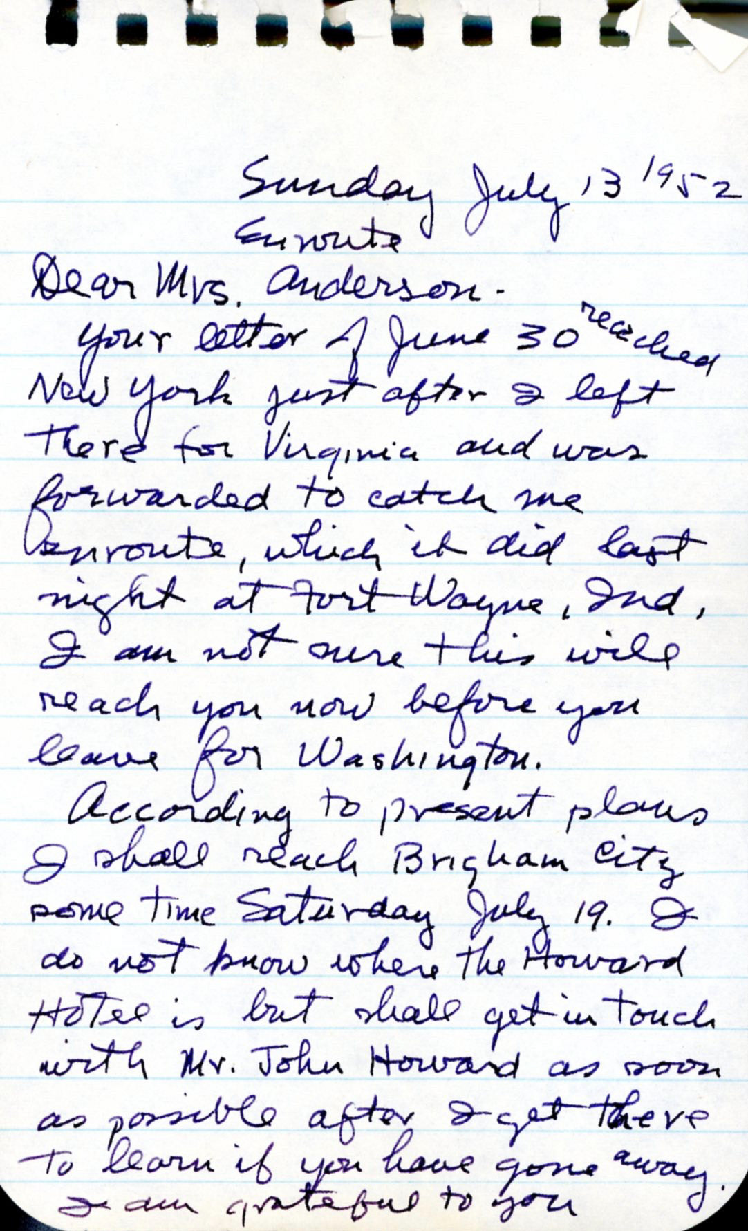 Letter from Clyde Eddy, page 1, July 13, 1952. Bernice Gibbs Anderson Collection, NPS