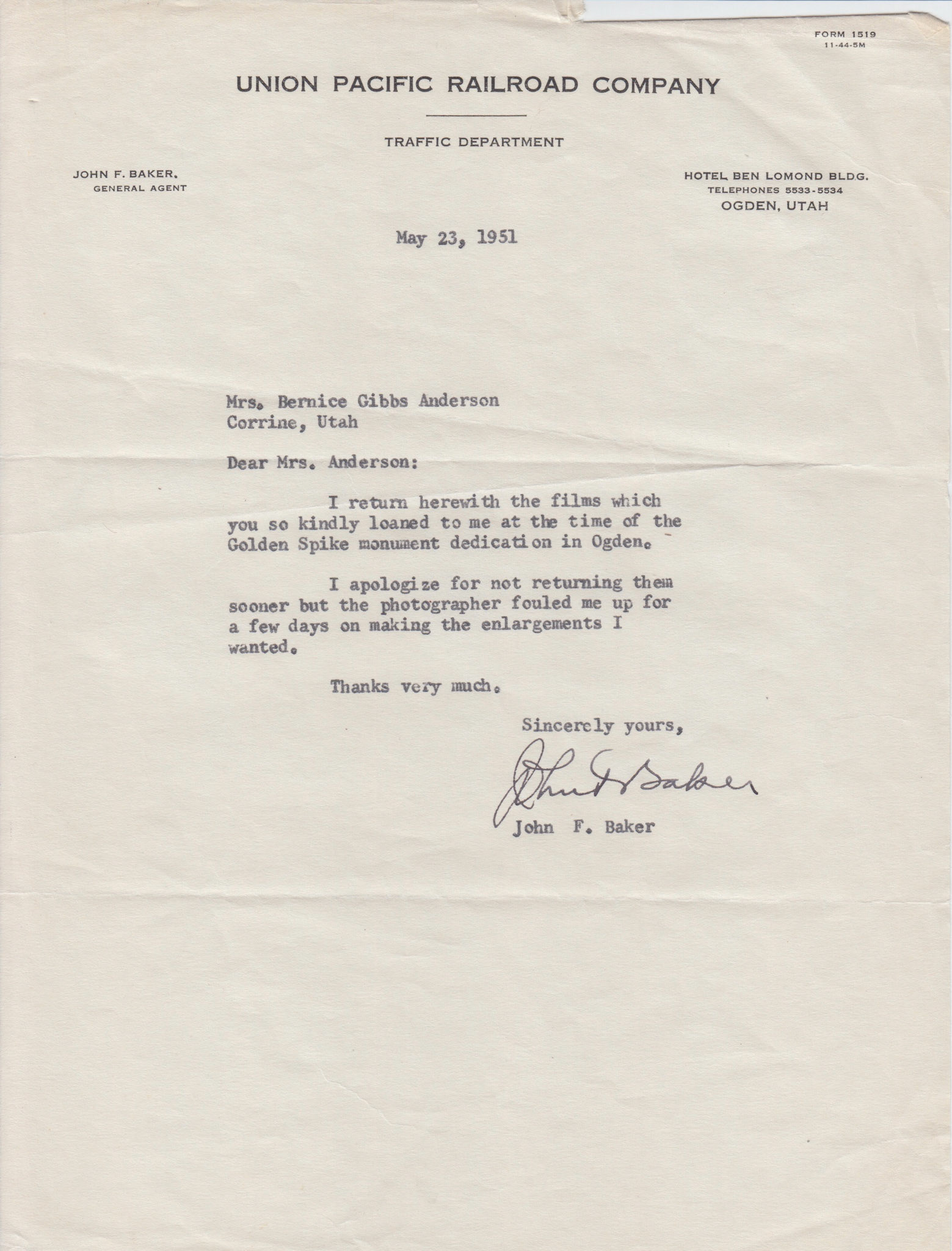Union Pacific letter, May 23, 1951
