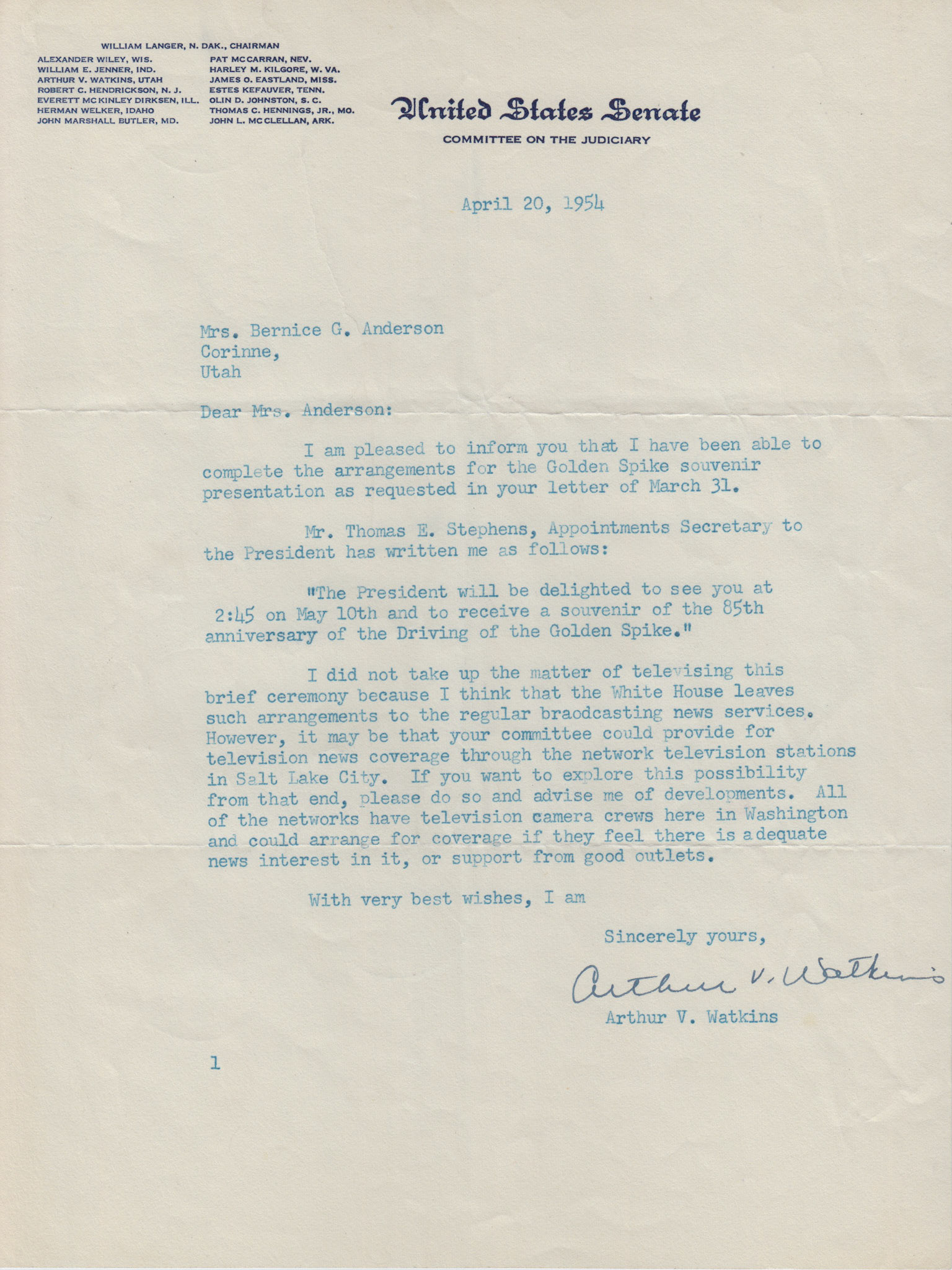 Letter from Senator Arthur V. Watkins, Apr. 20, 1954. Bernice Gibbs Anderson Collection, NPS