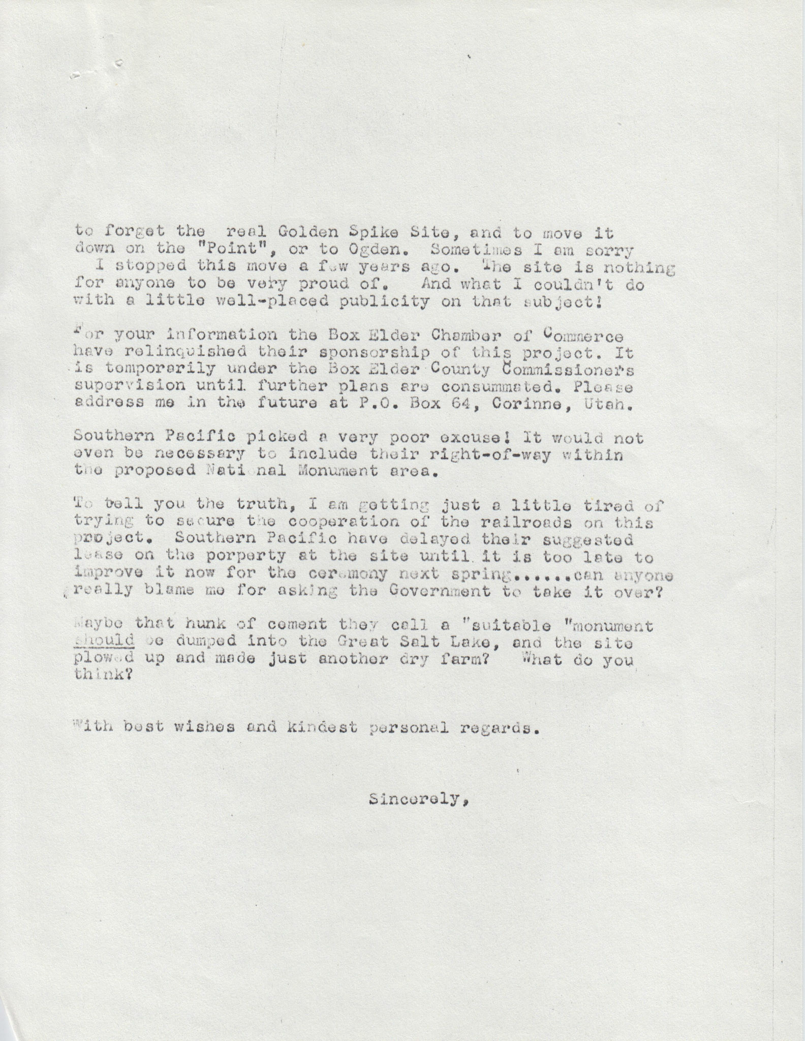 Letter to A.J. Stoddard, Pres. Union Pacific, Dec. 1954, page 2. Bernice Gibbs Anderson Collection, NPS