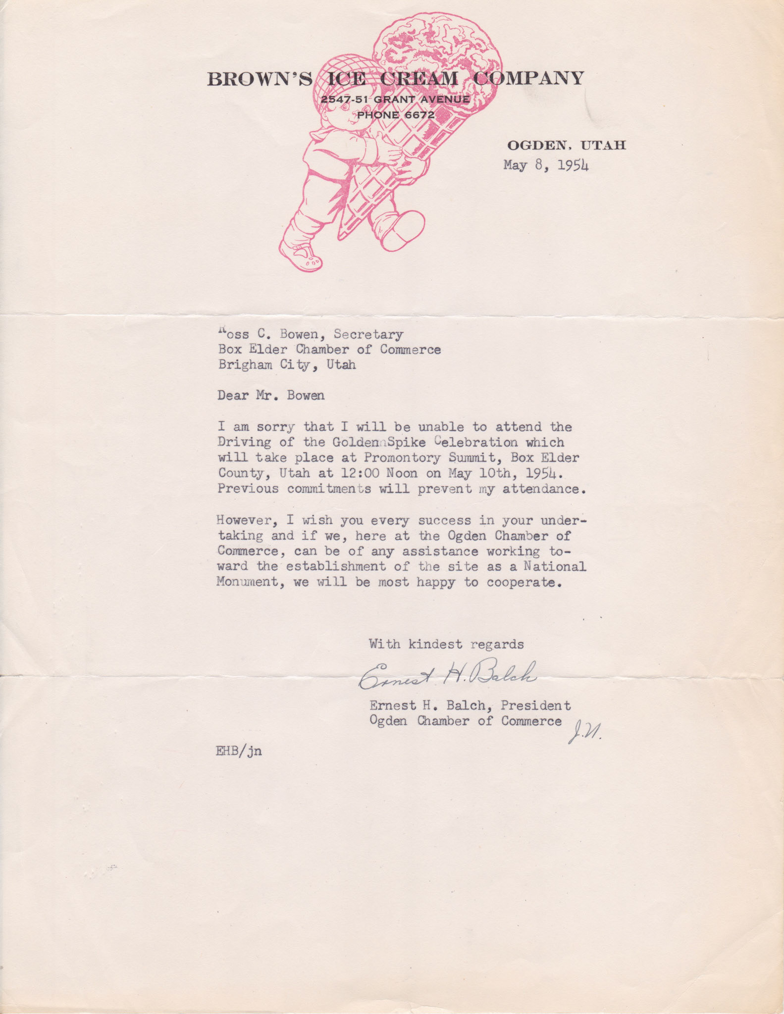 Regrets from Ernest H. Balch, Ogden Chamber of Commerce President, May 8, 1954. Bernice Gibbs Anderson Collection, NPS