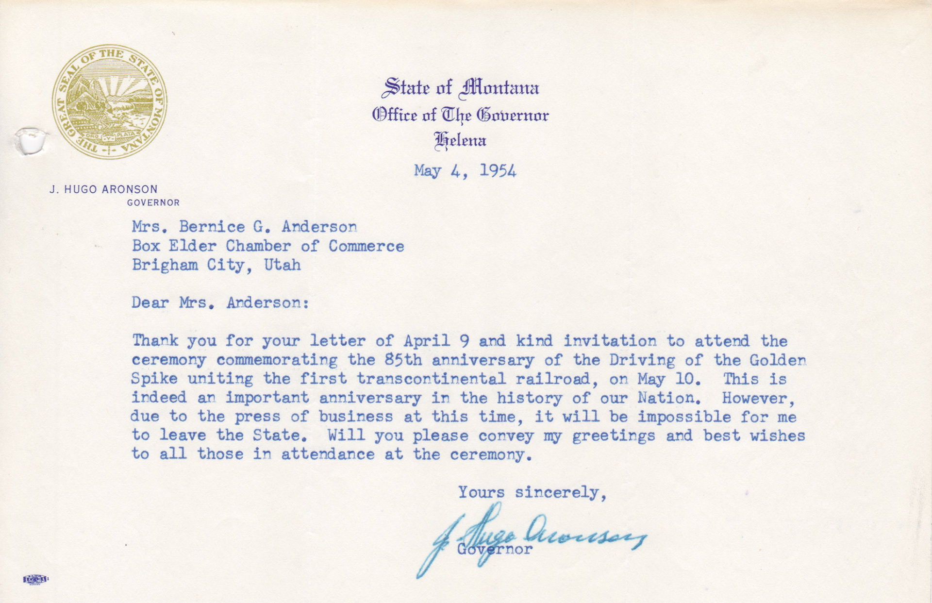 Regrets from Montana Governor J. Hugo Aronson, May 4, 1954. Bernice Gibbs Anderson Collection, NPS