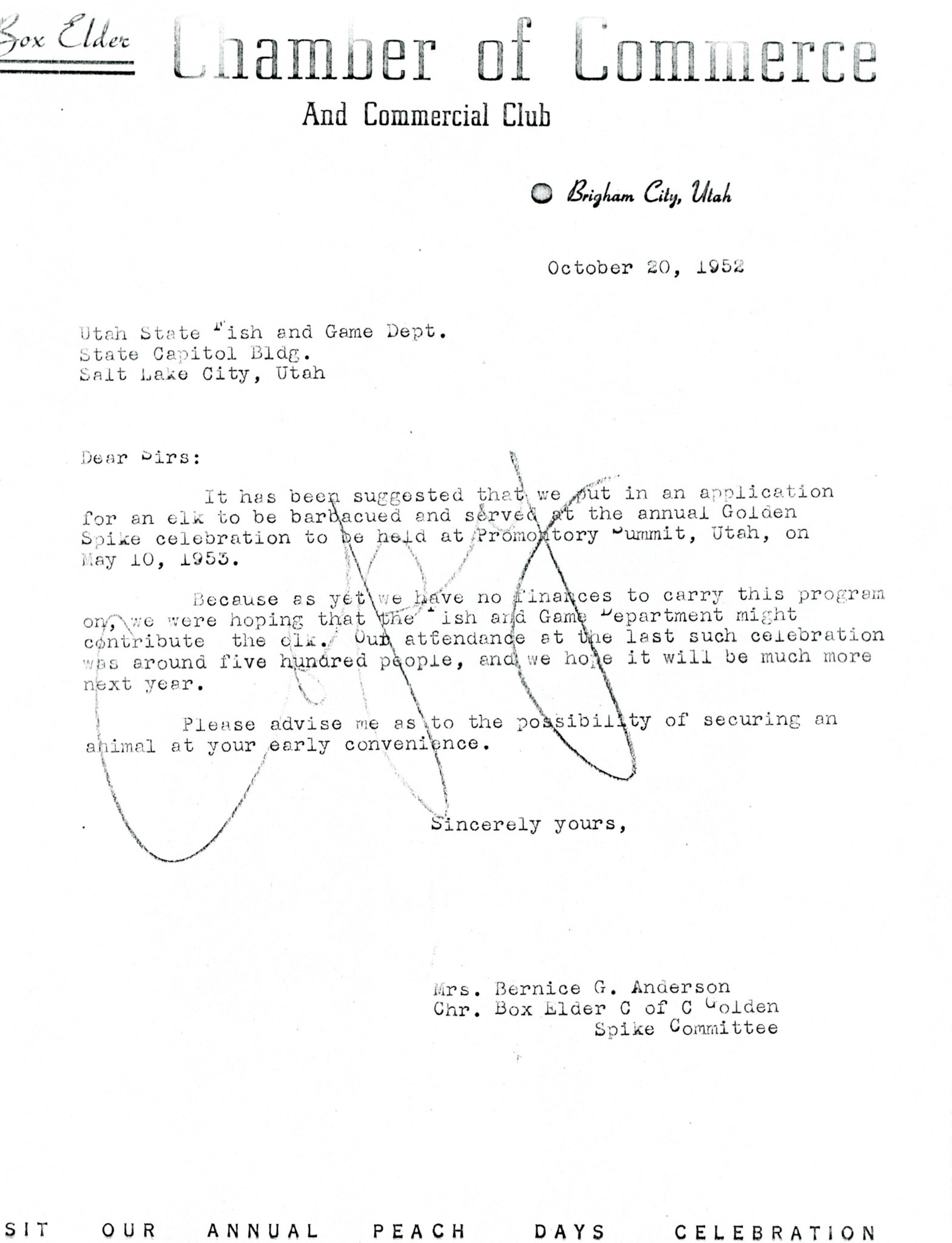 Letter to Utah Fish & Game, 1952. Bernice Gibbs Anderson Collection, NPS