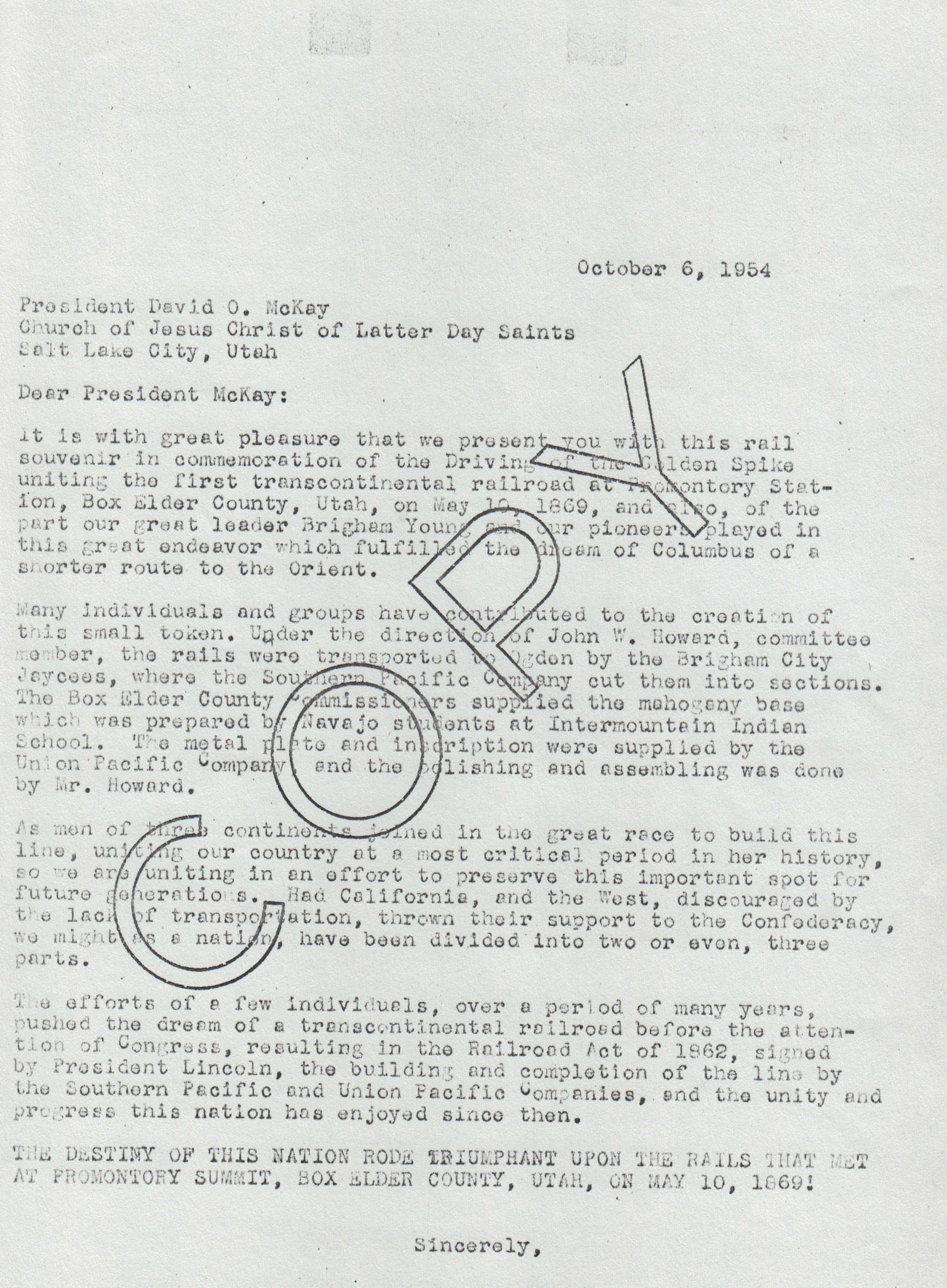 Copy of letter to Pres. David O. McKay, Church of Jesus Christ of Latter-day Saints, Oct. 6, 1954. Bernice Gibbs Anderson Collection, NPS