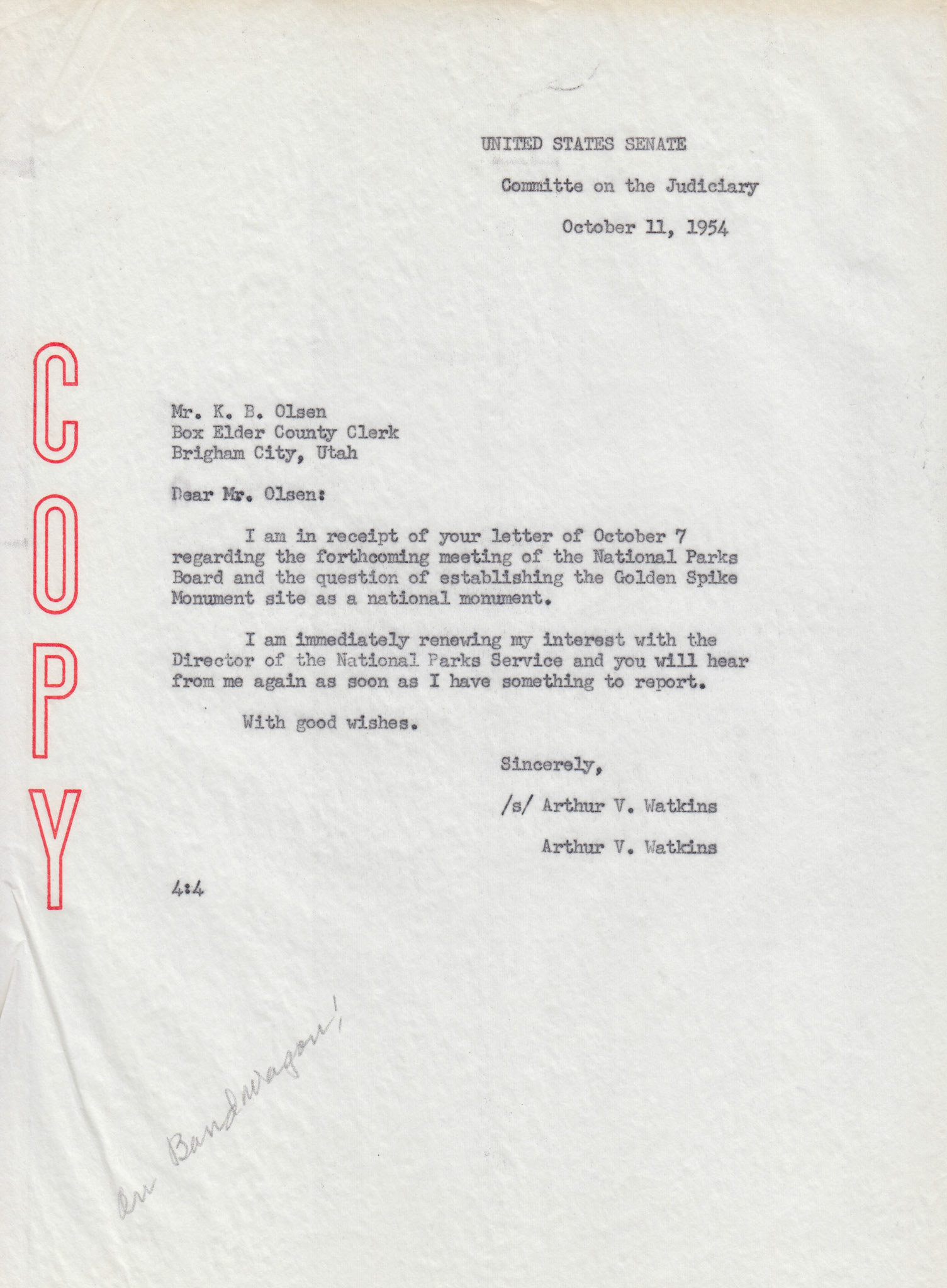 Copy of letter from Senator Arthur V. Watkins to K.B. Olsen, Box Elder County Clerk, Oct. 11, 1954. Bernice Gibbs Anderson, NPS