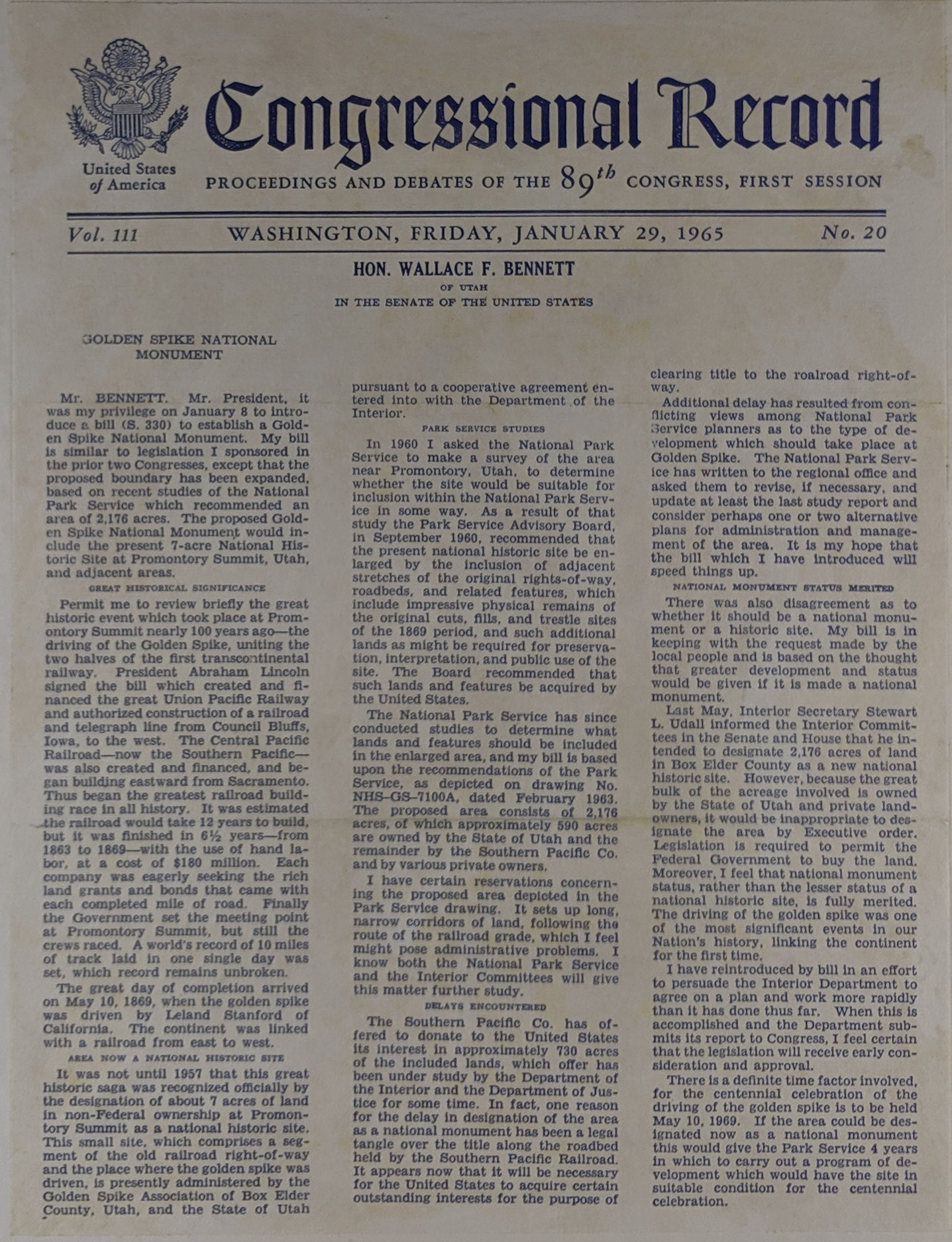 Congressional Record, Jan. 29, 1965, Senator Wallace F. Bennett. Bernice Gibbs Anderson Collection, NPS