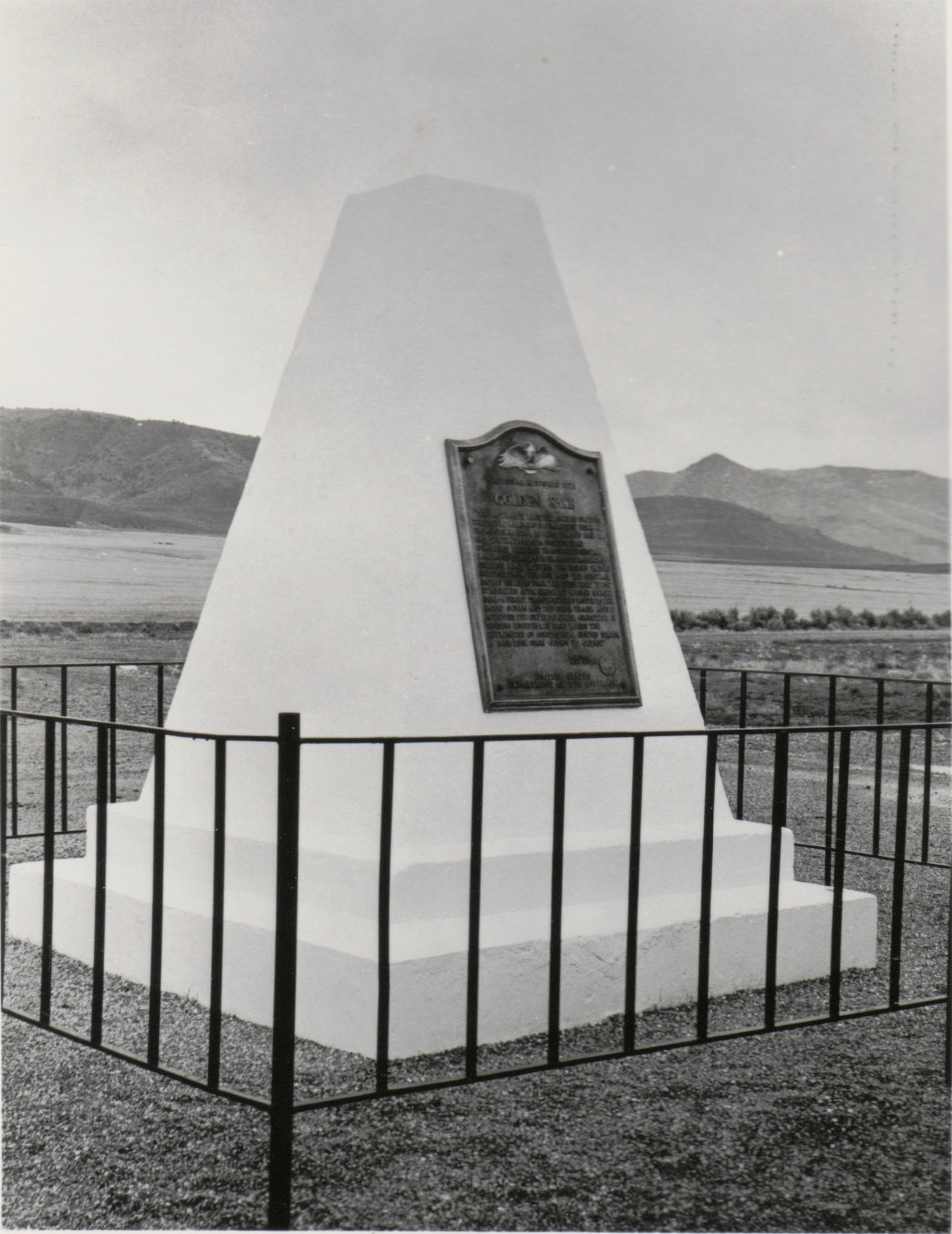 Golden Spike obelisk monument, circa 1959, Promontory Summit, Utah. Bernice Gibbs Anderson Collection, NPS