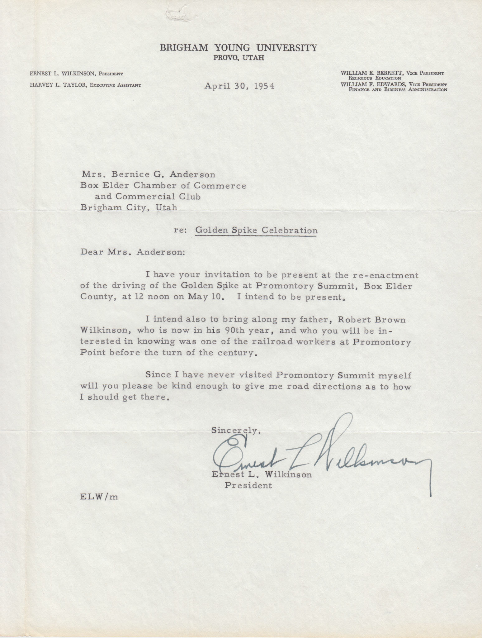 Acceptance from BYU President Ernest L. Wilkinson, with father Robert Brown Wilkinson, railroad worker, Apr. 30, 1954. Bernice Gibbs Anderson Collection, NPS