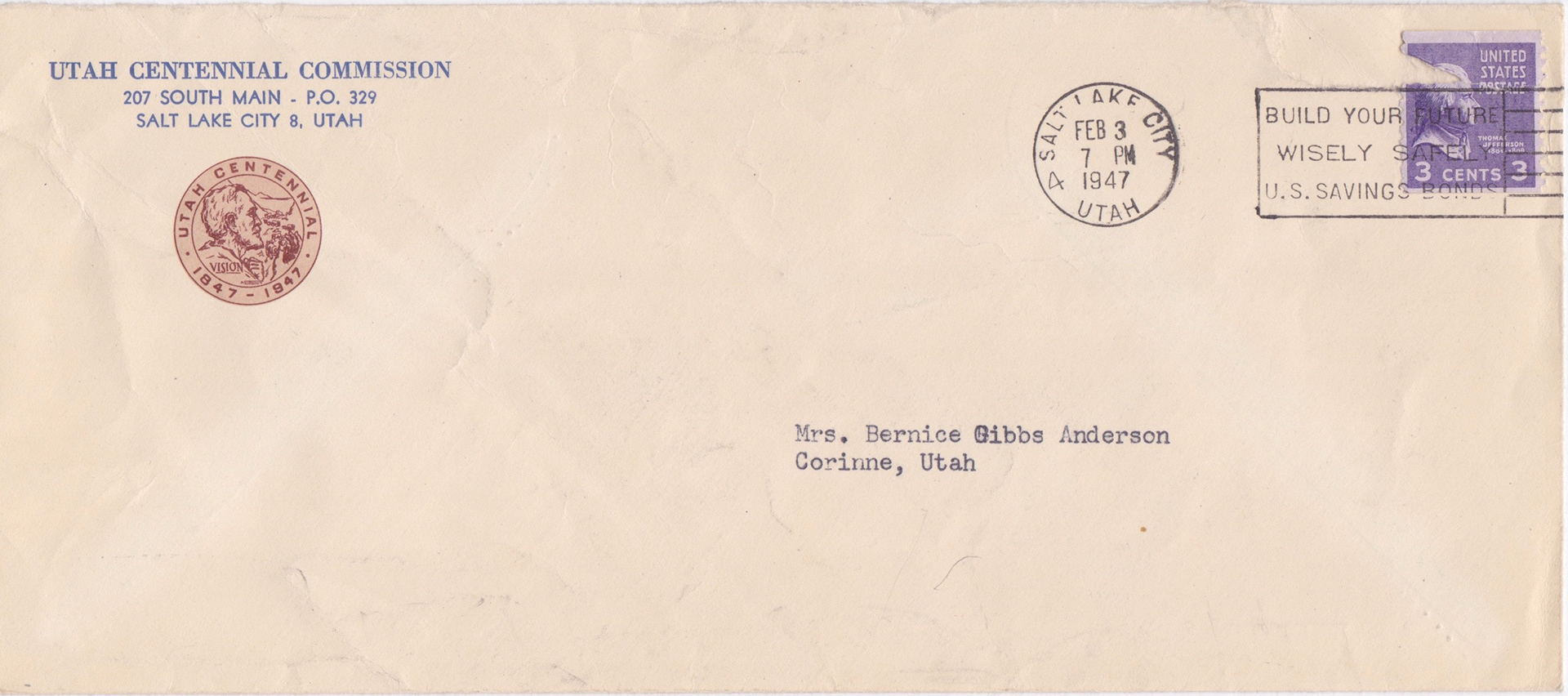 Envelope from Utah Centennial Commission, 1947. Bernice Gibbs Anderson Collection, NPS