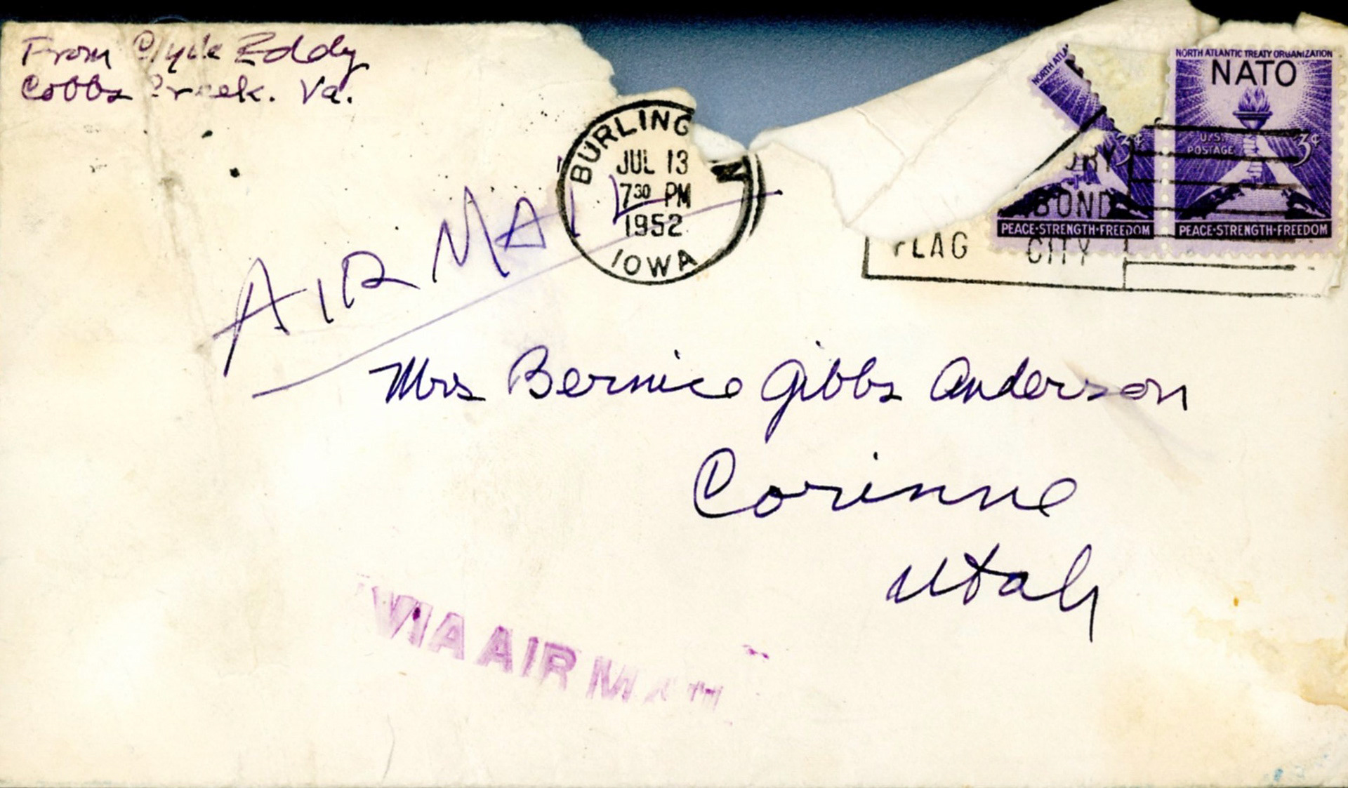 Envelope from Clyde Eddy, July 13, 1952. Bernice Gibbs Anderson Collection, NPS
