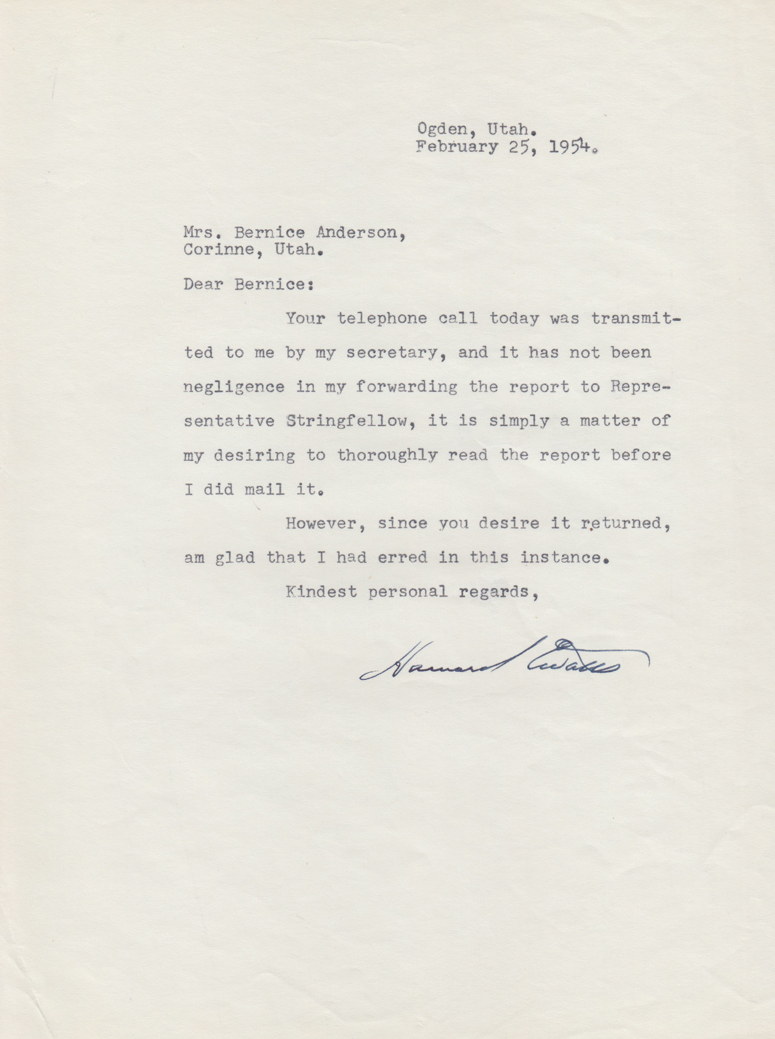 Letter from Howard Watts, Feb. 25, 1954. Bernice Gibbs Anderson Collection, NPS
