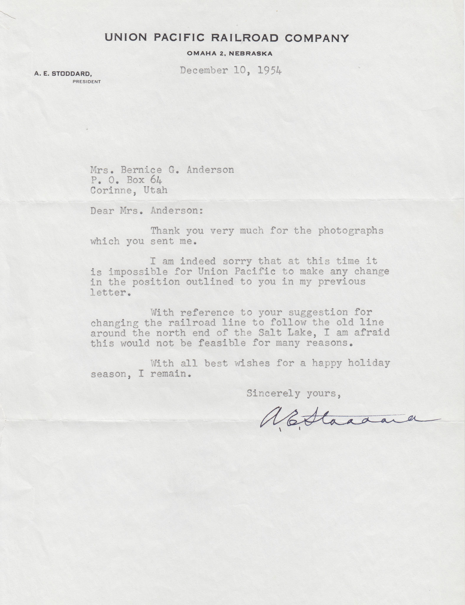 Letter from A.E. Stoddard, Pres. Union Pacific, Dec. 10, 1954. Bernice Gibbs Anderson Collection, NPS