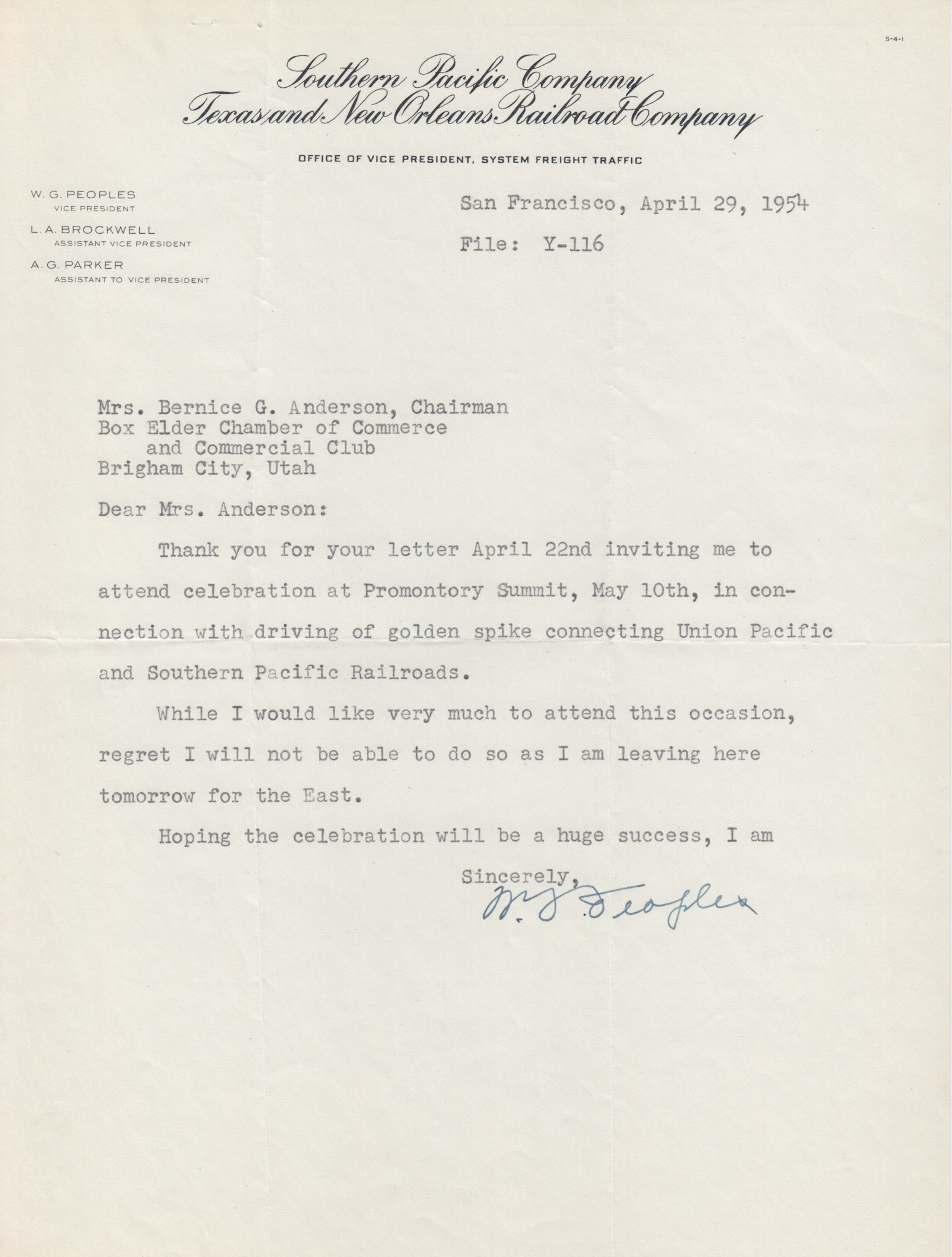 Regrets from W.G. Peoples, VP Southern Pacific San Francisco, Apr. 29, 1954. Bernice Gibbs Anderson Collection, NPS