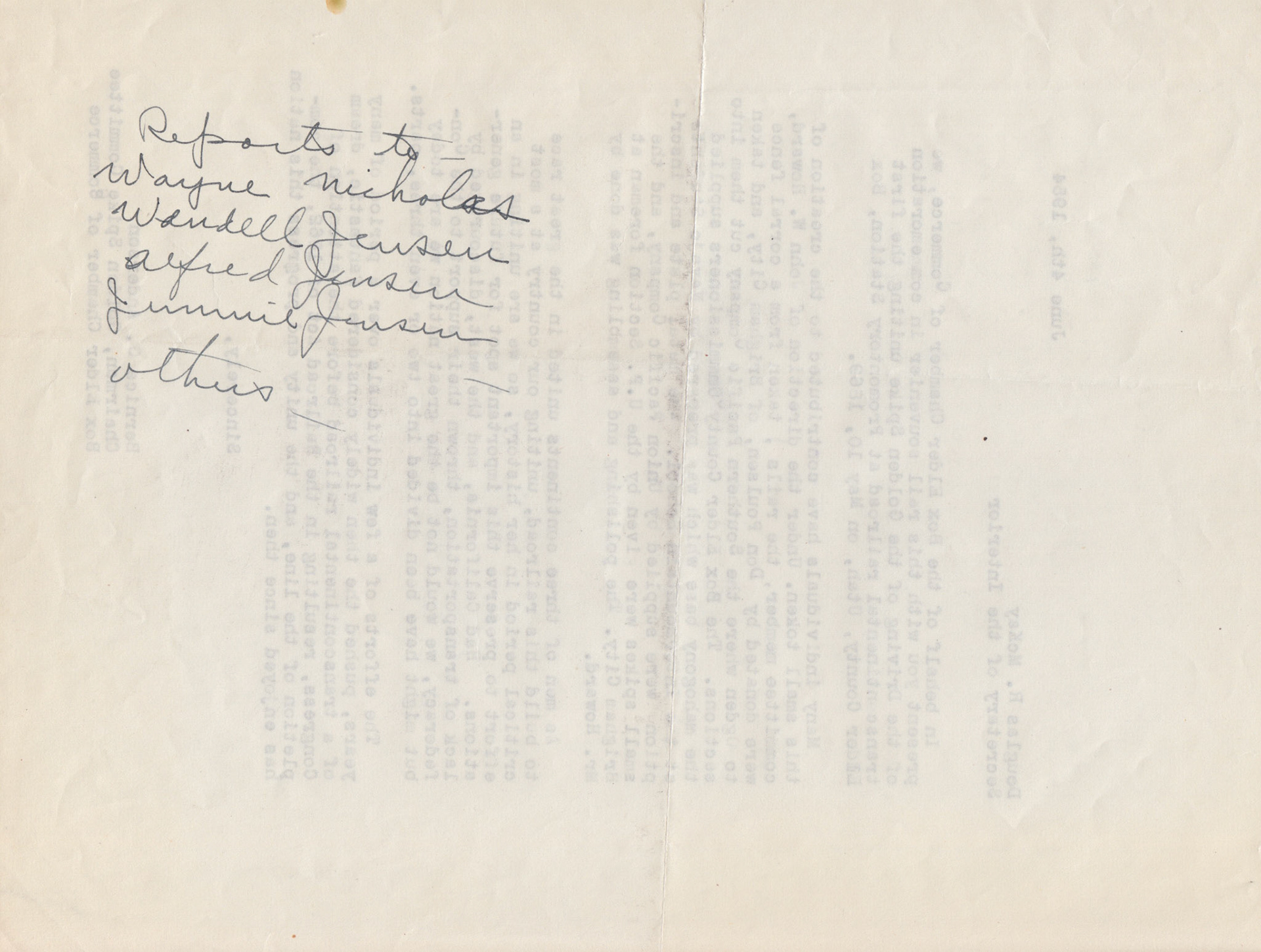Handwritten note "Reports to Wayne Nicholas, Wordell Jensen, Alfred Jensen, Jimmie Jensen, others", June 4, 1954. Bernice Gibbs Anderson Collection, NPS