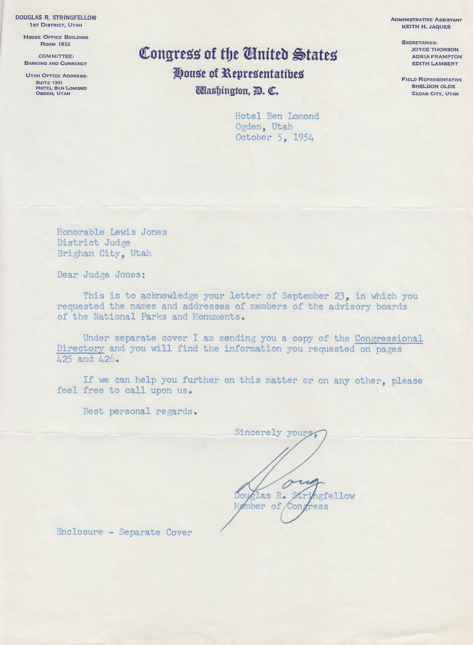 Letter from Rep. Douglas R. Stringfellow to Judge Lewis Jones, Oct. 5, 1954. Bernice Gibbs Anderson Collection, NPS