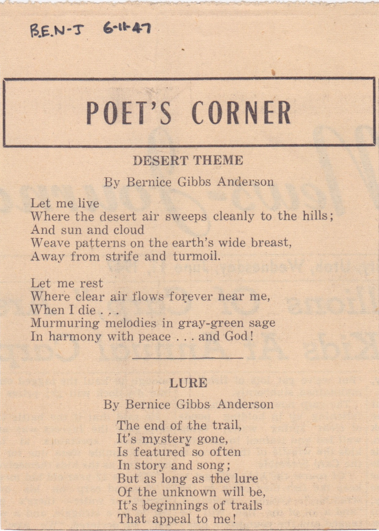 Poet's Corner Newsclip, 1947, Box Elder News-Journal. Bernice Gibbs Anderson Collection, NPS