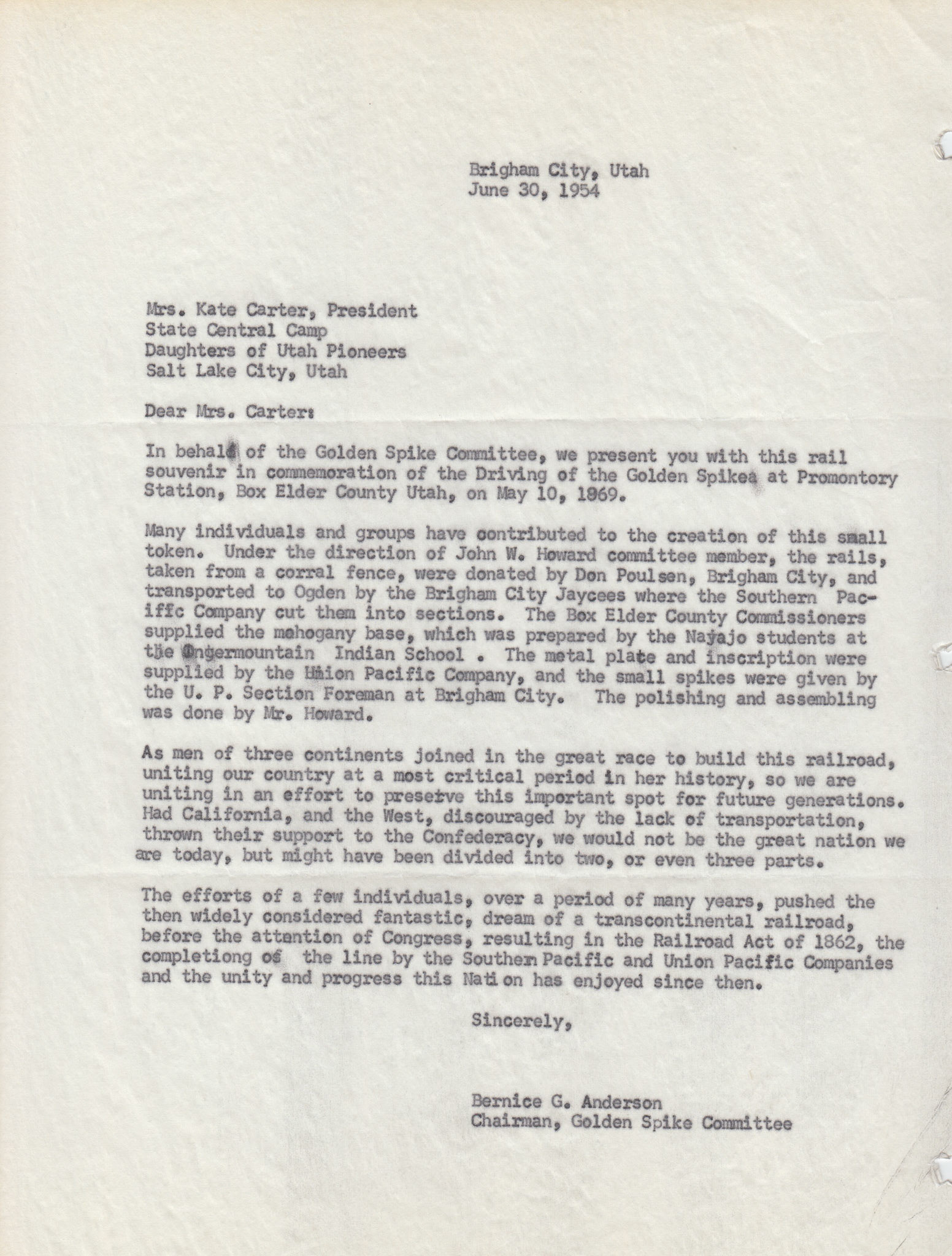 Copy of letter to Kate Carter, Pres. Daughters of Utah Pioneers, June 30, 1954. Bernice Gibbs Anderson Collection, NPS