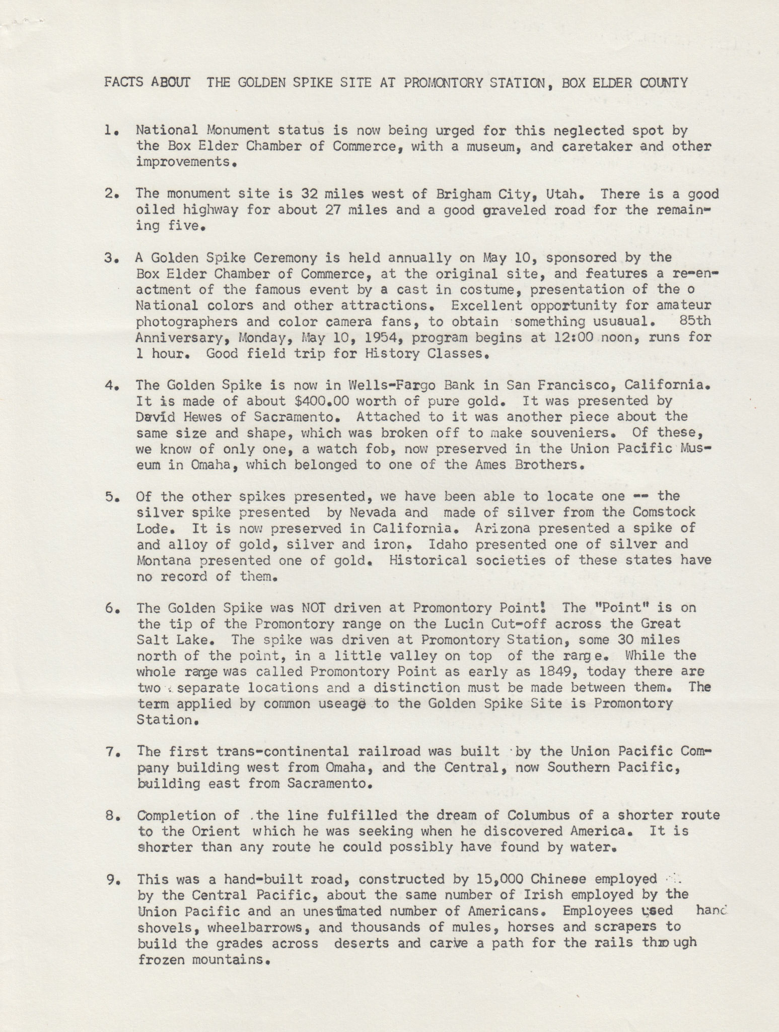 Facts about the Golden Spike Site at Promontory Station, Utah, page 1, Apr. 22, 1954. Bernice Gibbs Anderson Collection, NPS