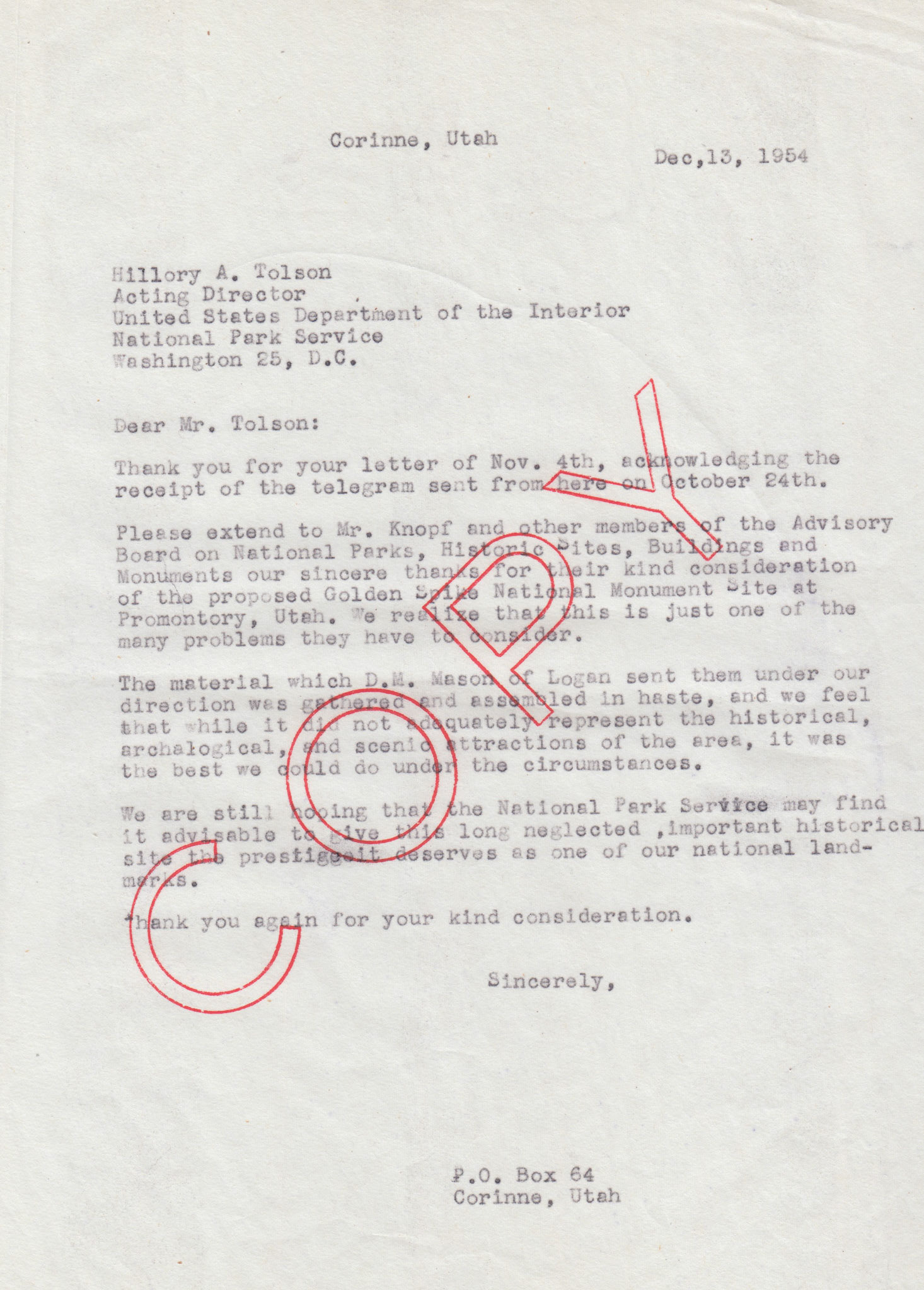 Copy of letter to Hillory A. Tolson, Acting Director, Dept. of the Interior, Dec. 13, 1954. Bernice Gibbs Anderson Collection, NPS
