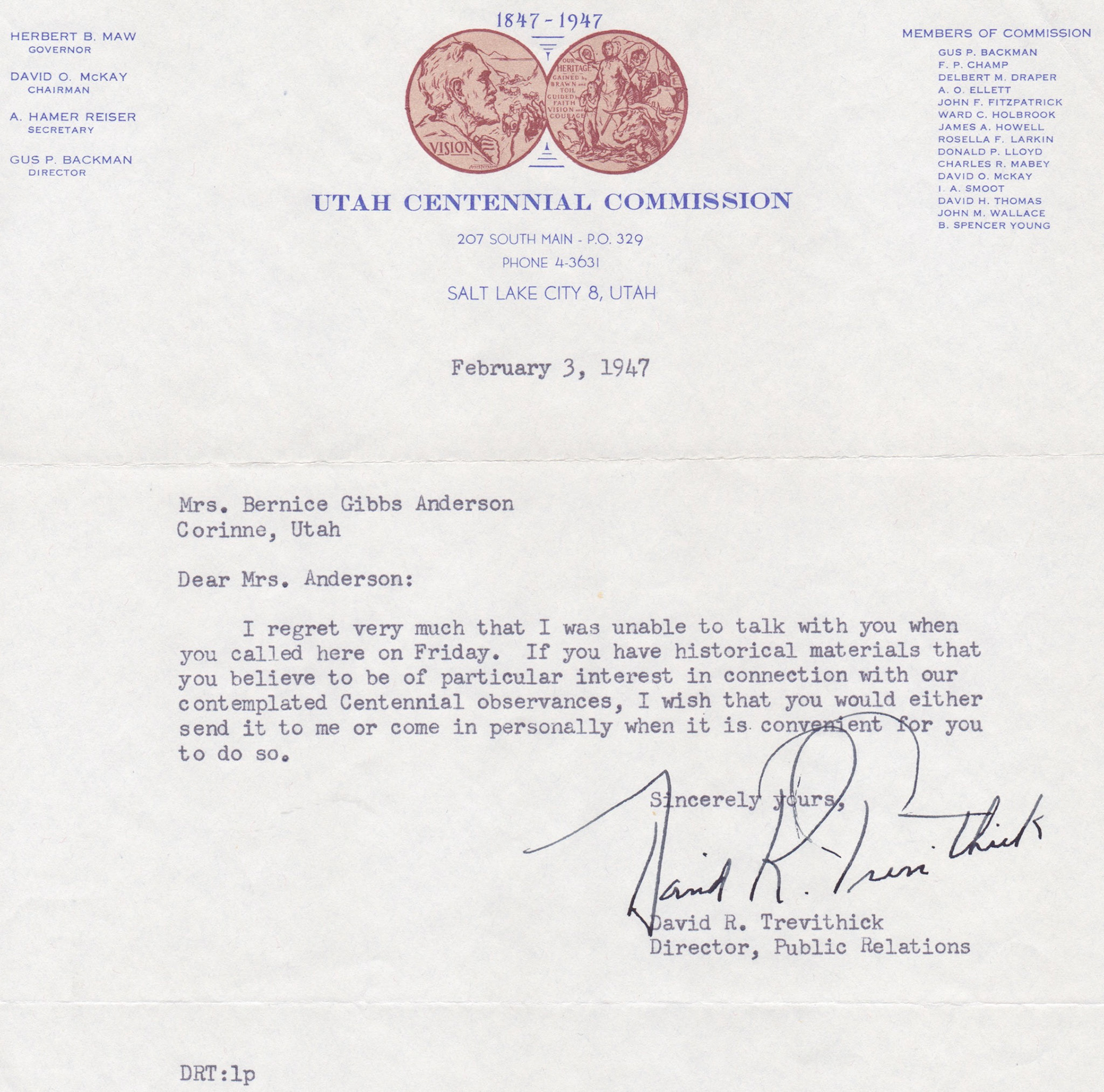 Letter from Utah Centennial Commission, 1947. Bernice Gibbs Anderson Collection, NPS