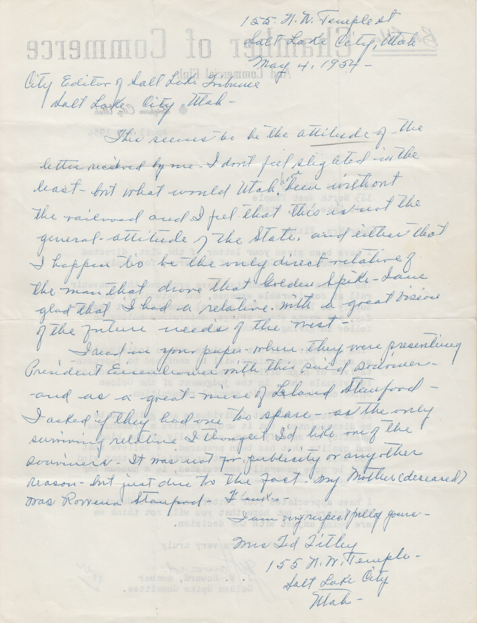Letter to Salt Lake Tribune Editor by Mrs. Ted Titley, great-niece of Leland Stanford, re: wanting a rail souvenir, May 4, 1954. Bernice Gibbs Anderson Collection, NPS
