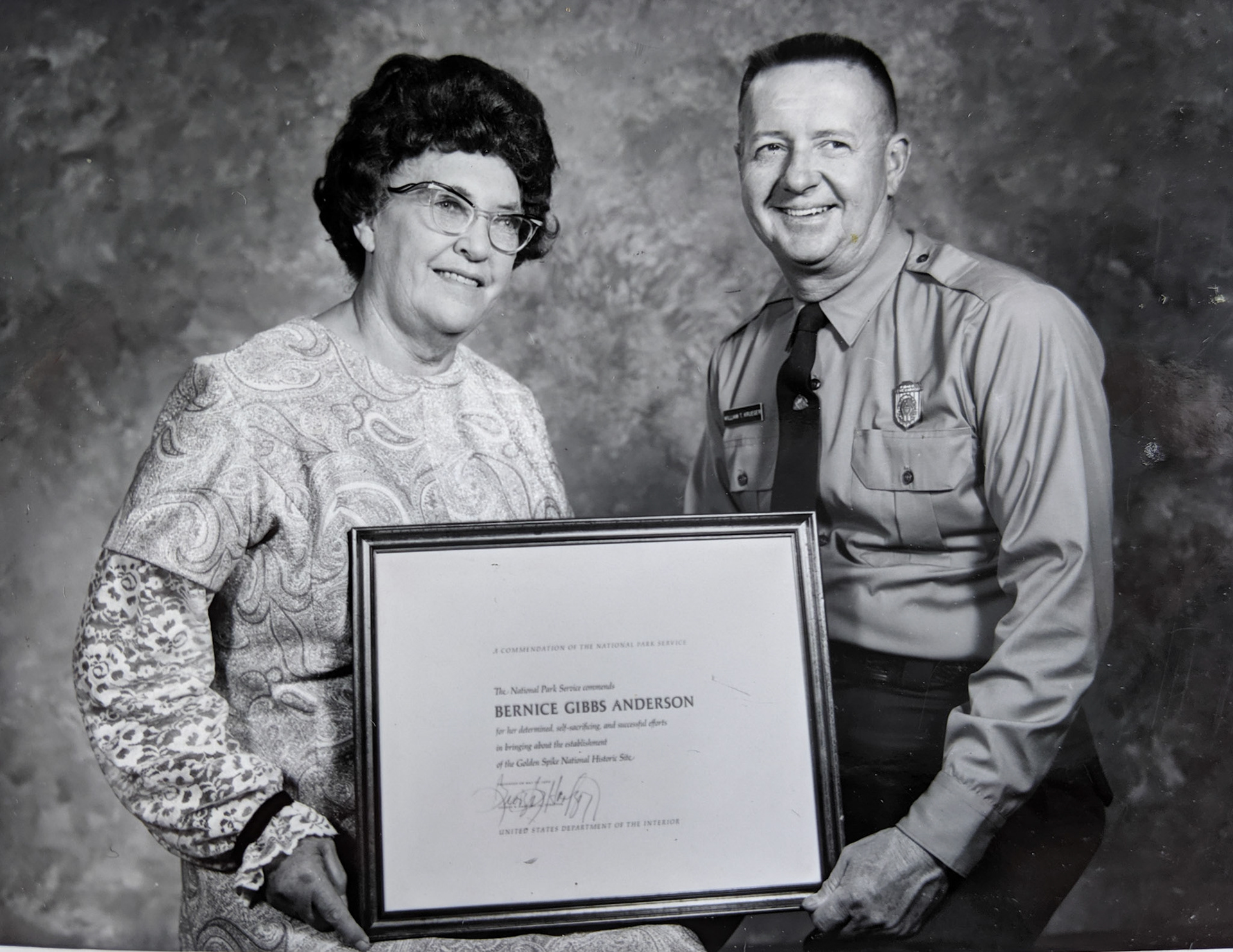 Bernice Gibbs Anderson with NPS Commendation from Supt. William T. Krueger, Golden Spike Centennial, 1969, Bernice Gibbs Anderson Collection, NPS