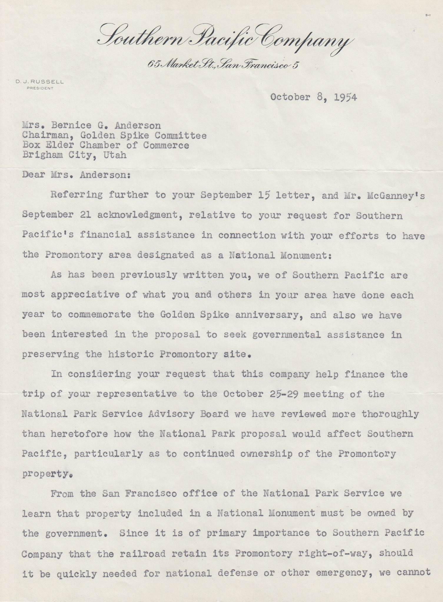 Letter from Southern Pacific President D.J. Russell re: right-of-way for national monument, Oct. 8, 1954. Bernice Gibbs Anderson, NPS