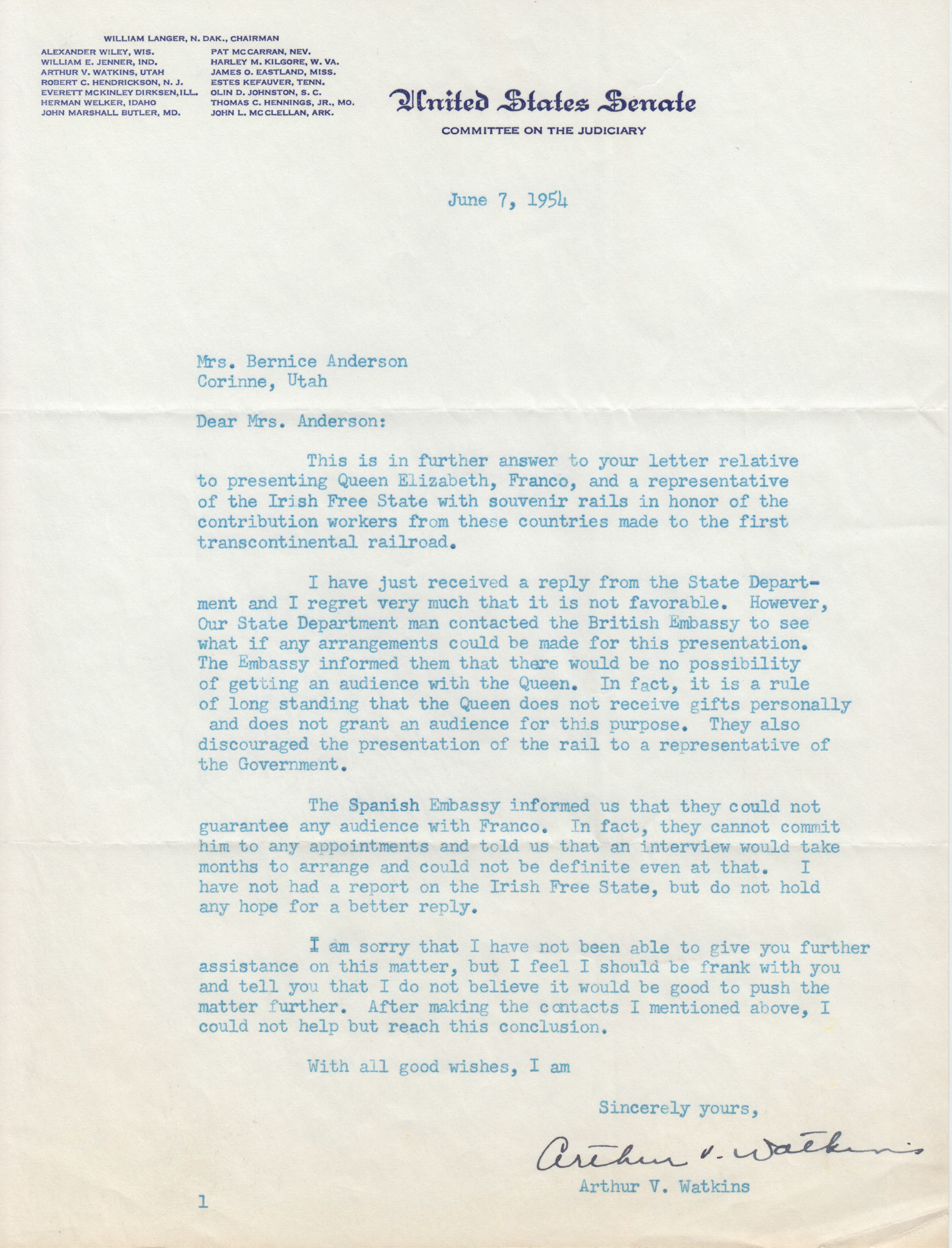Letter from Senator Arthur V. Watkins re: souvenir rails to Queen Elizabeth, Franco of Spain and Irish Free State rep., June 7, 1954. Bernice Gibbs Anderson Collection, NPS