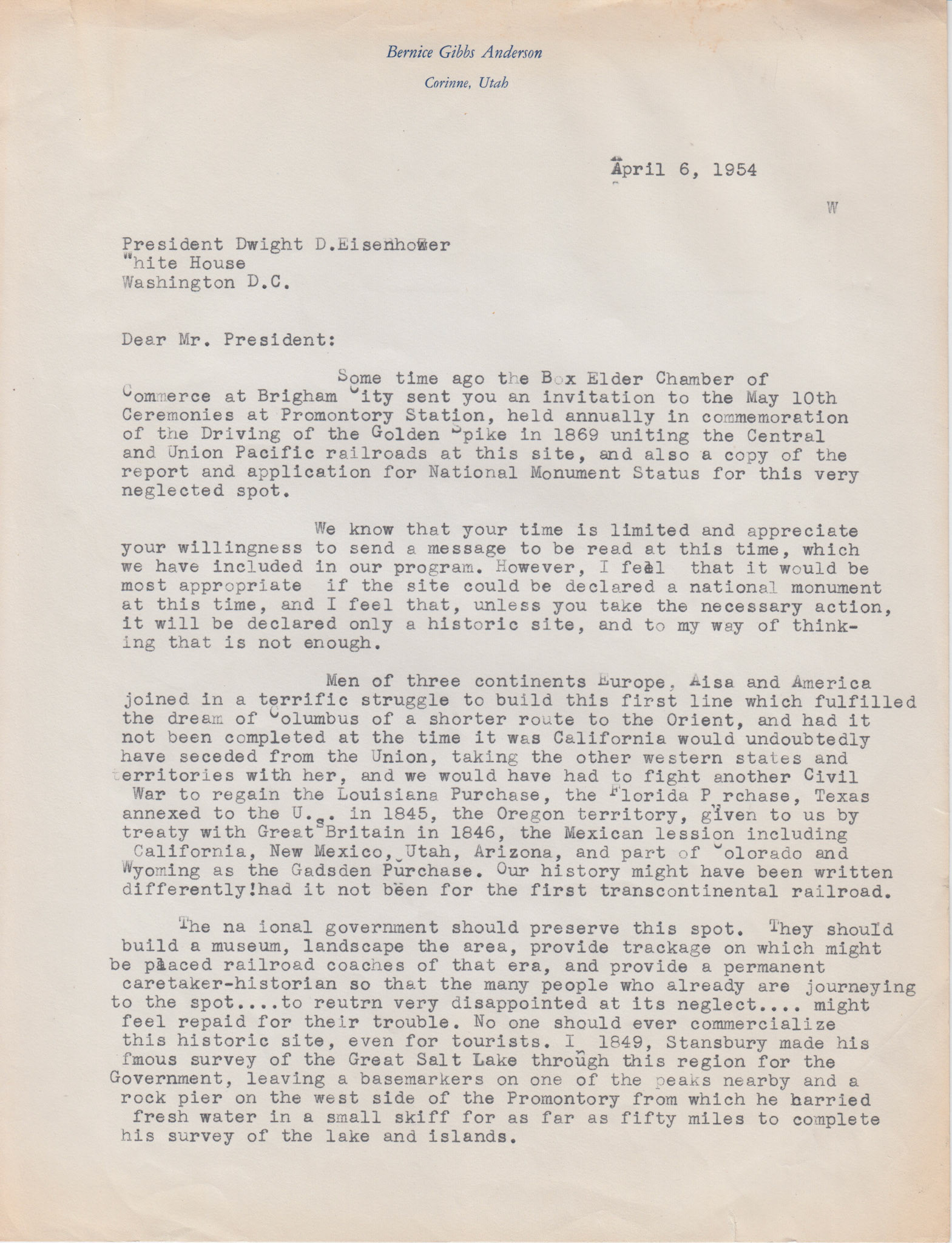 Copy 1 of letter to President Eisenhower, Apr. 6, 1954, page 1. Bernice Gibbs Anderson Collection, NPS