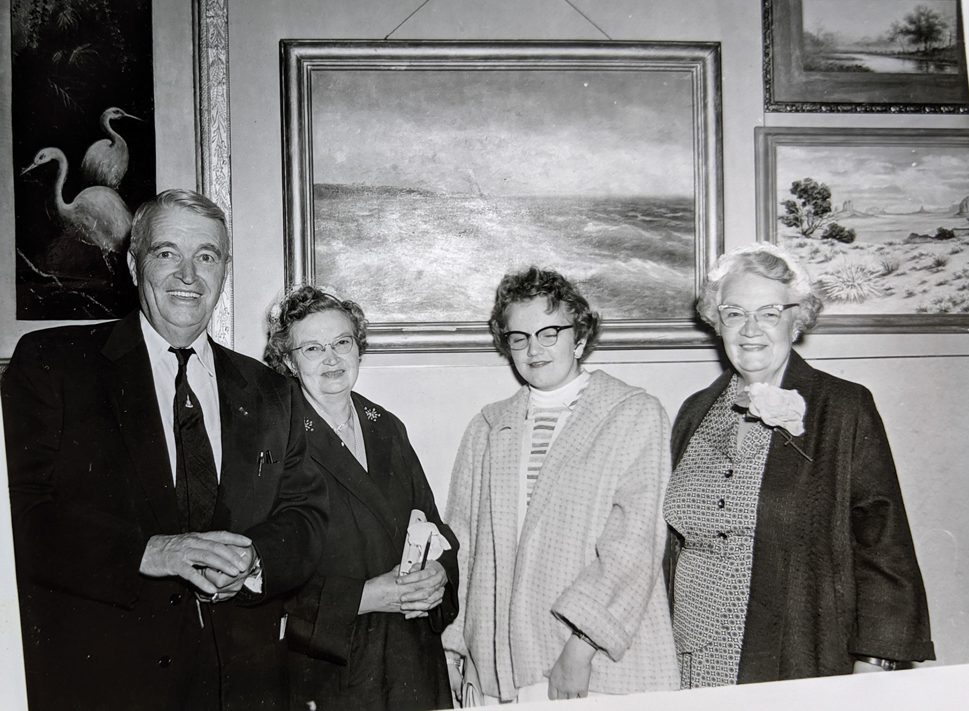 Artist Elick Sorenson donating paintings to the National Golden Spike Society, 1960. Bernice Gibbs Anderson Collection, NPS