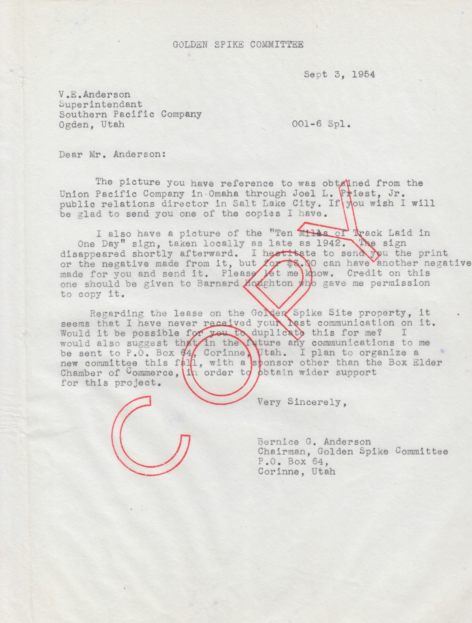 Copy of letter to V.E. Anderson, Southern Pacific, re: land lease and photo credit to Barnard Houghton for 10 miles of track laid in one day sign. Sep. 3, 1954. Bernice Gibbs Anderson, NPS