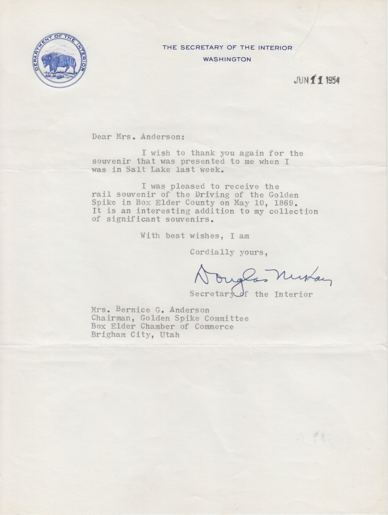 Thank you from Douglas McKay, Secretary of the Interior, June 11, 1954. Bernice Gibbs Anderson Collection, NPS