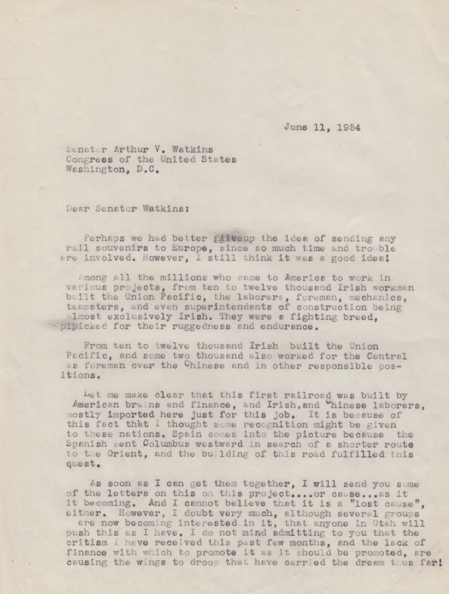 Letter to Senator Arthur V. Watkins, June 11, 1954, page 1. Bernice Gibbs Anderson Collection, NPS