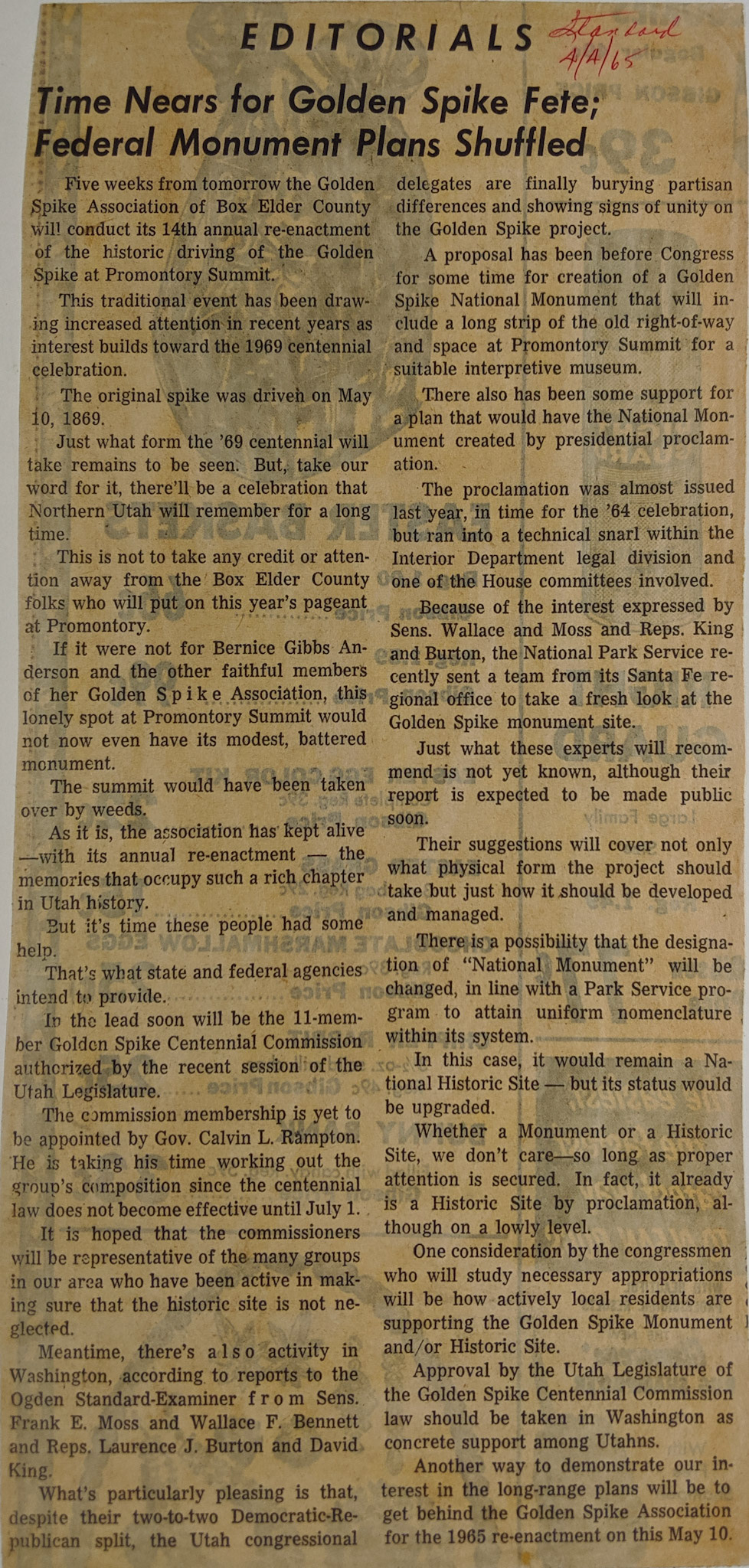 Editorial, Ogden Standard-Examiner, Apr. 4, 1965. Bernice Gibbs Anderson Collection, NPS
