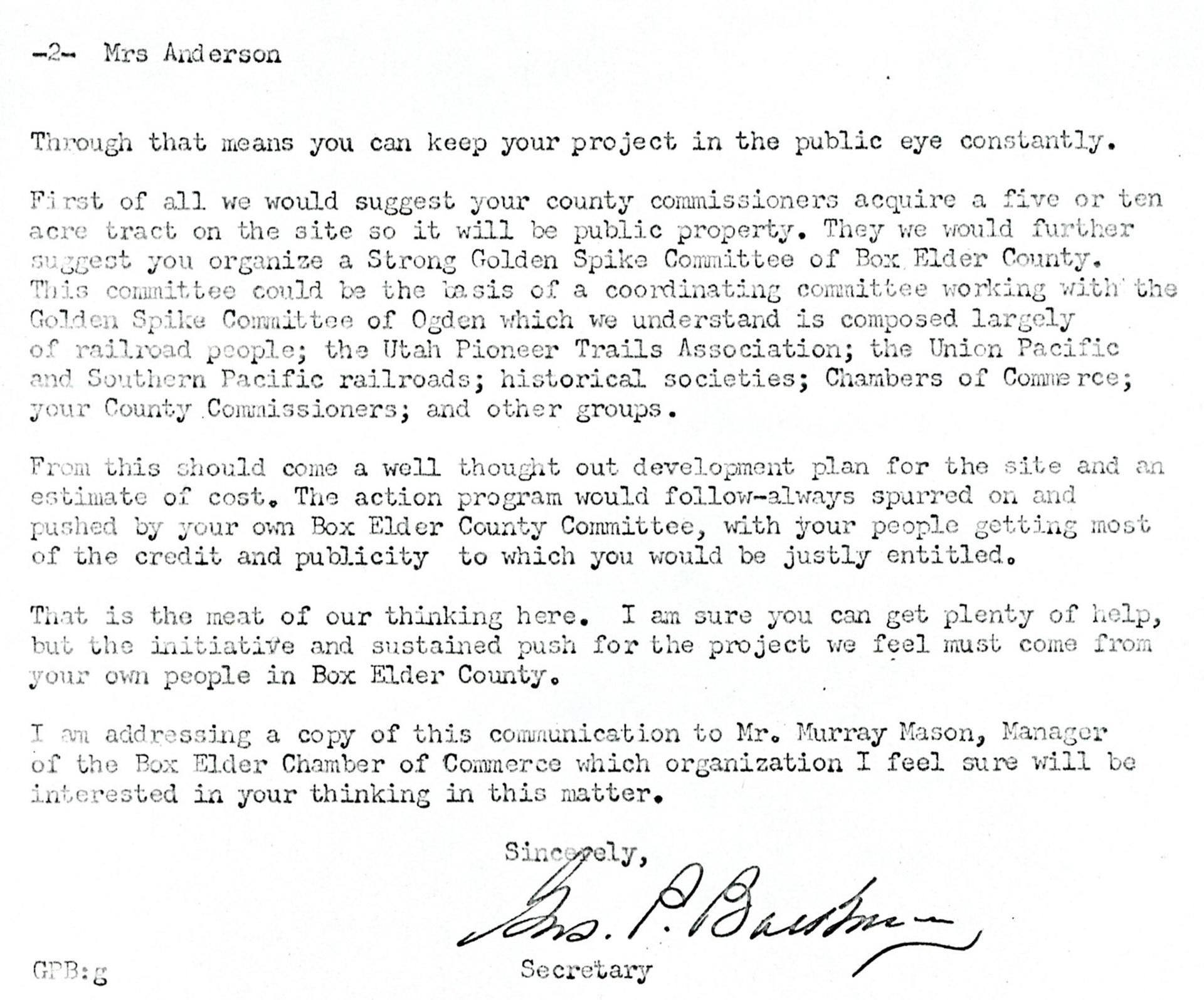 SLC Chamber of Commerce letter, 1952, page 2. Bernice Gibbs Anderson Collection, NPS