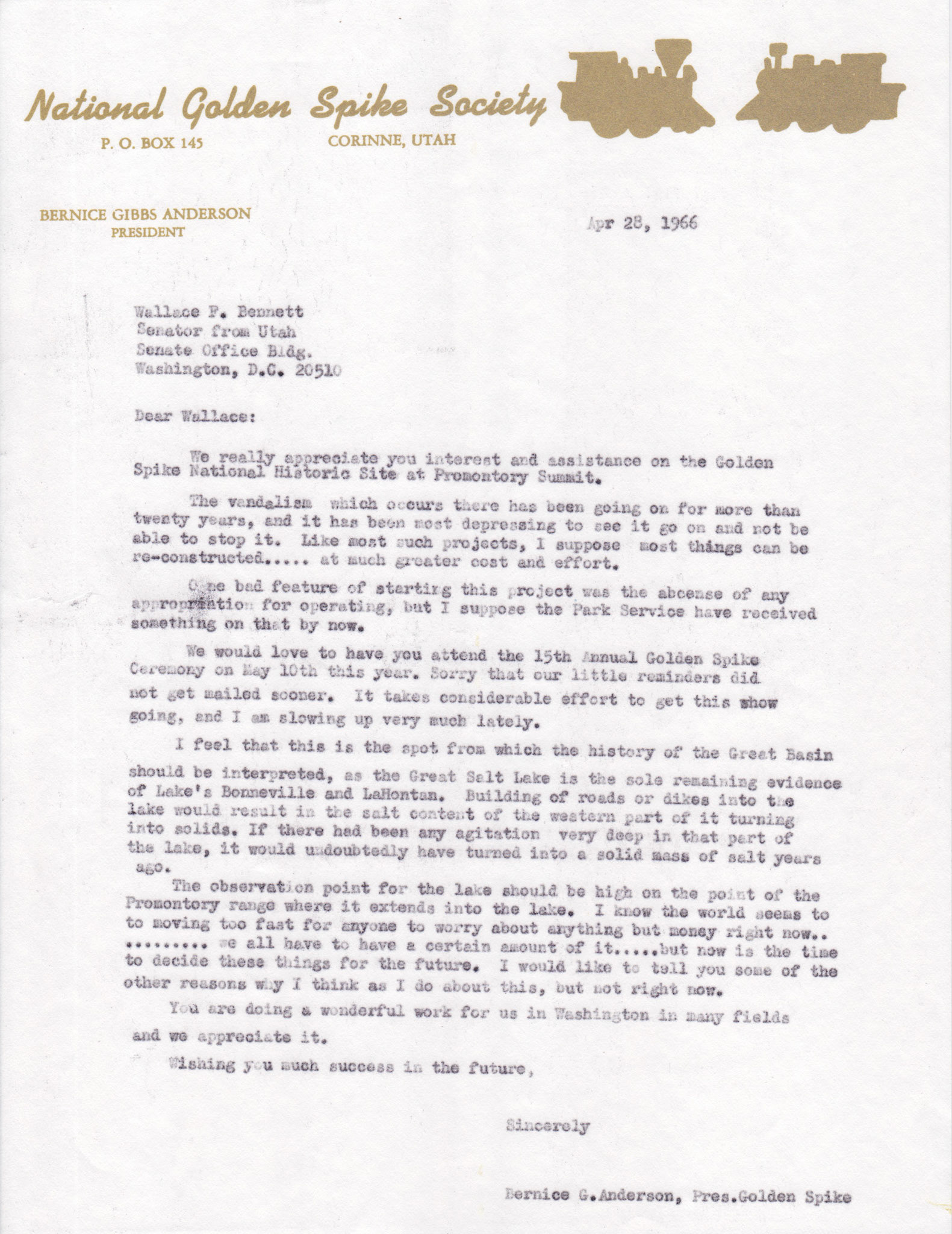 Copy of letter to Senator Wallace F. Bennett, April 28, 1966. Bernice Gibbs Anderson Collection, NPS