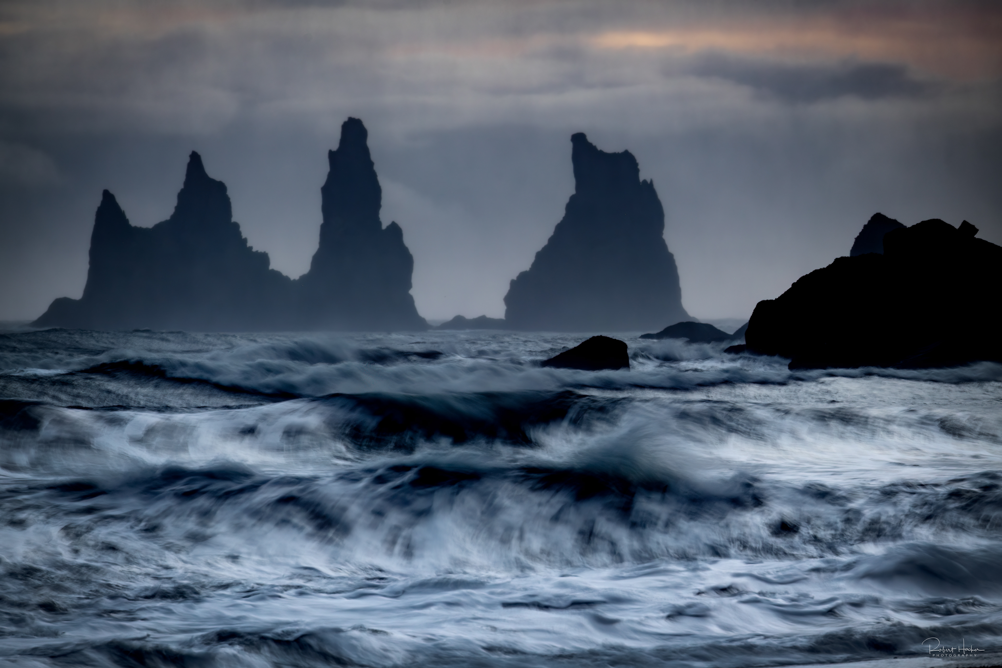 Sea stacks near the black sand beach in Vik on the south coast