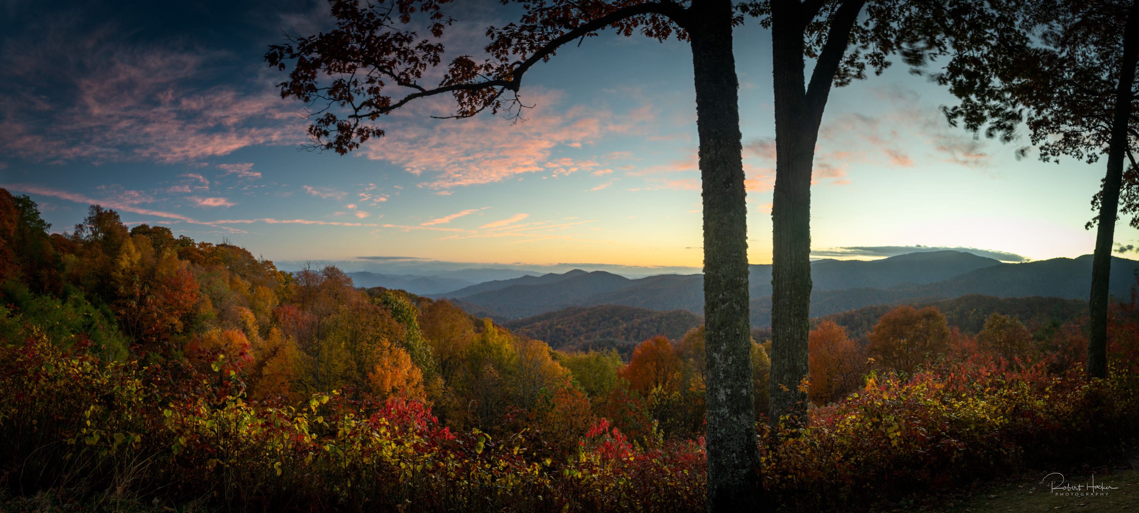 Panoramic sunset at Charles A Web Overlook, Great Smoky Mountains National Park