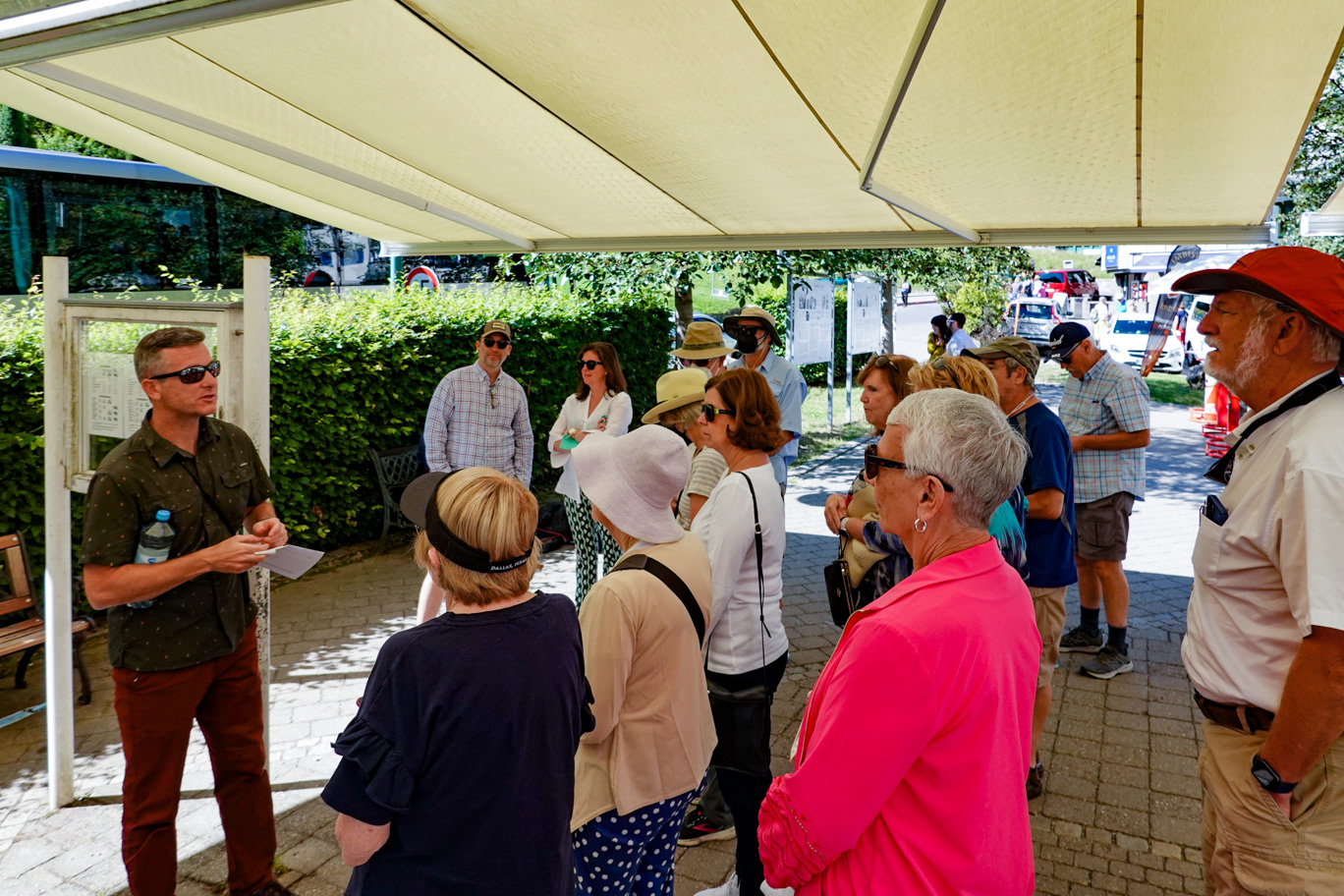 Pilgrims waiting at the ticket kiosk