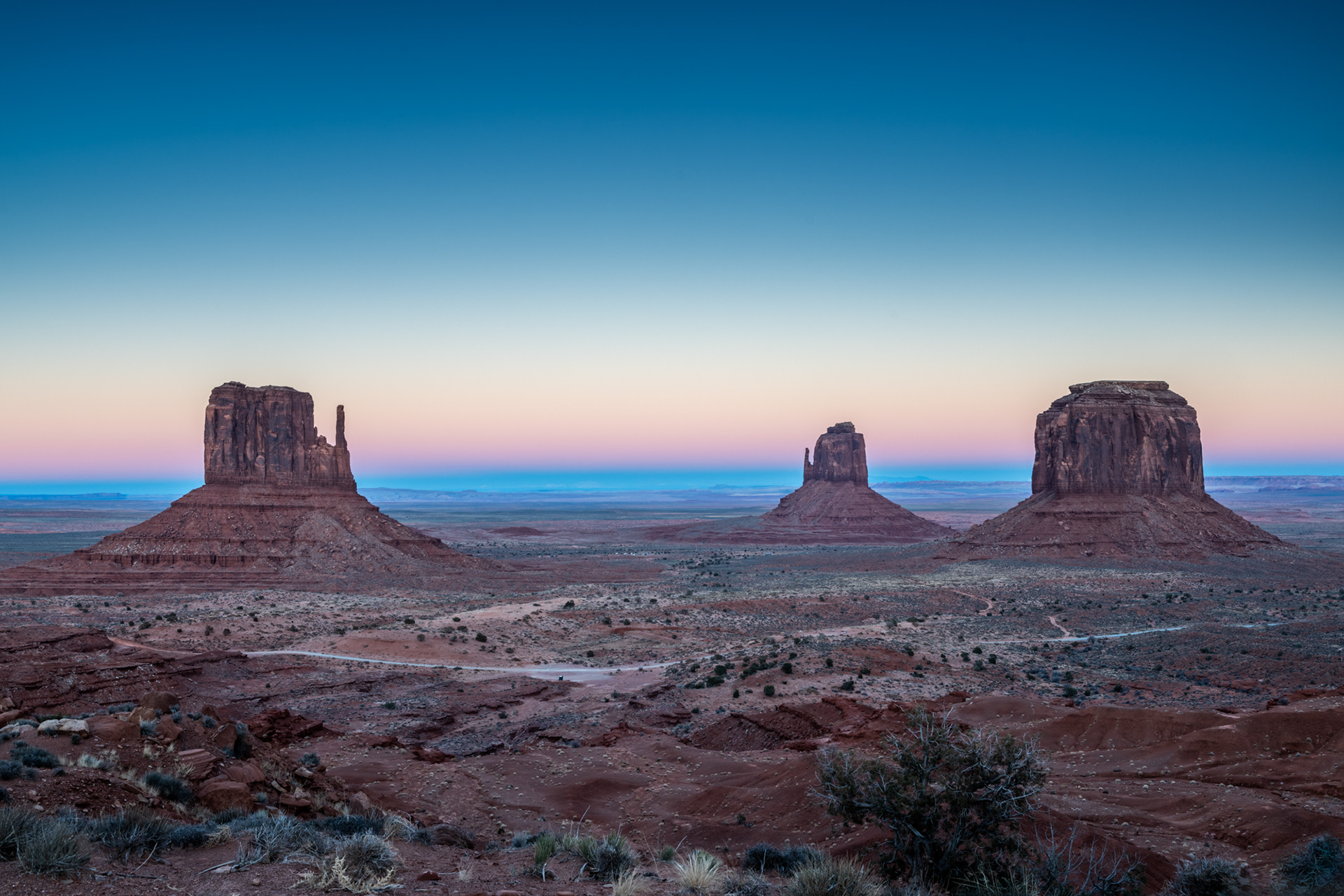 Early Morning - East Mitten, West Mitten and Merrick Butte, Monument Valley Navajo Tribal Park