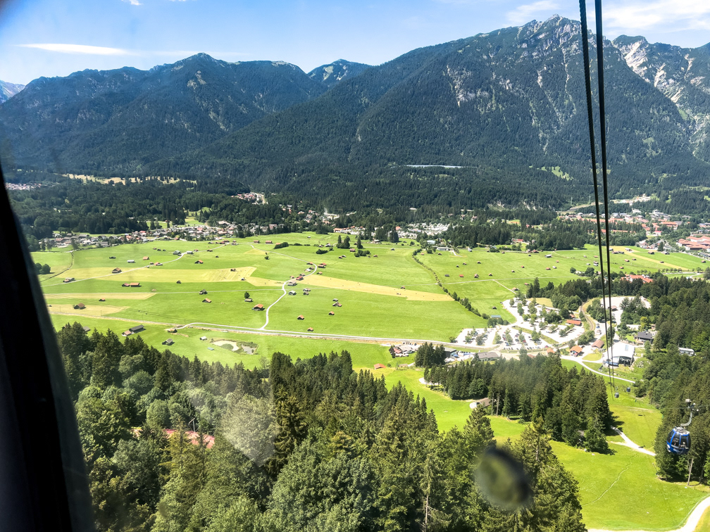 View from the gondola taking us half-way up the mountain
