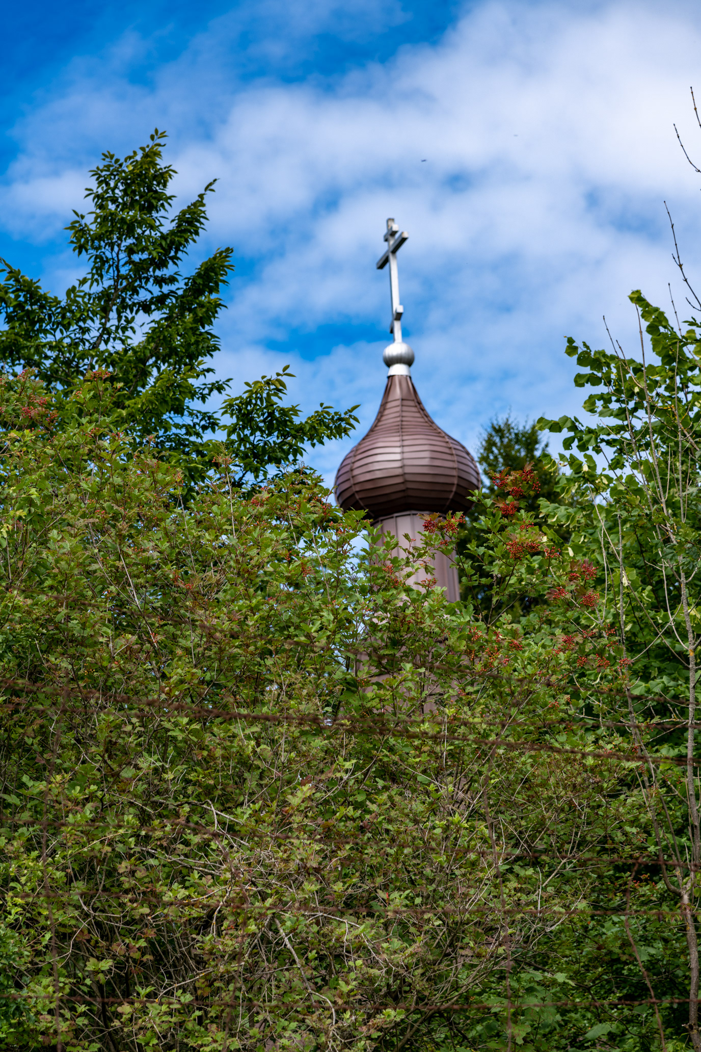 The spire of the Orthodox chapel. This chapel was built outside the camp perimeter while other chapels were allowed to be built inside the camp perimeter.
