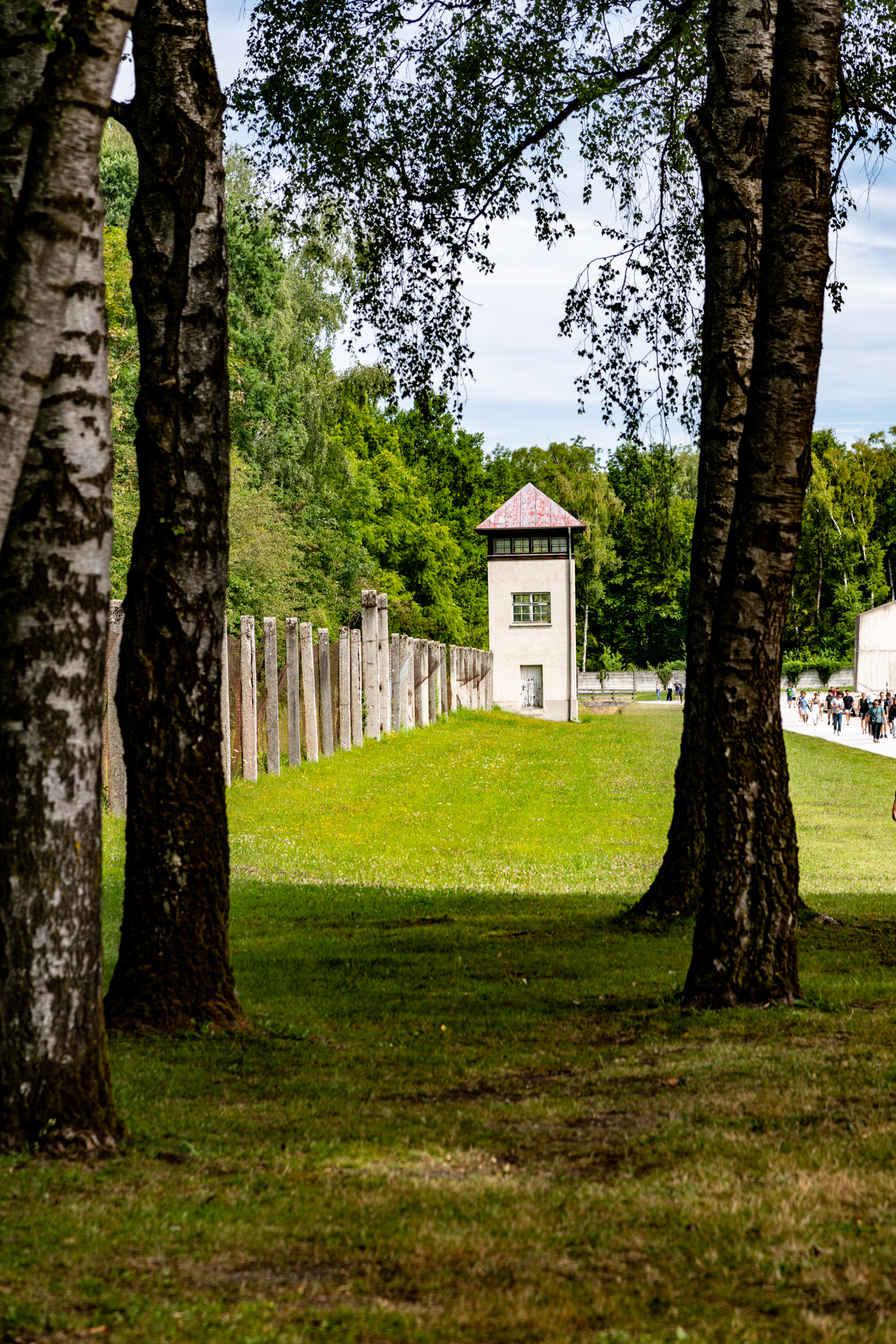 A guard tower on the perimeter of the camp