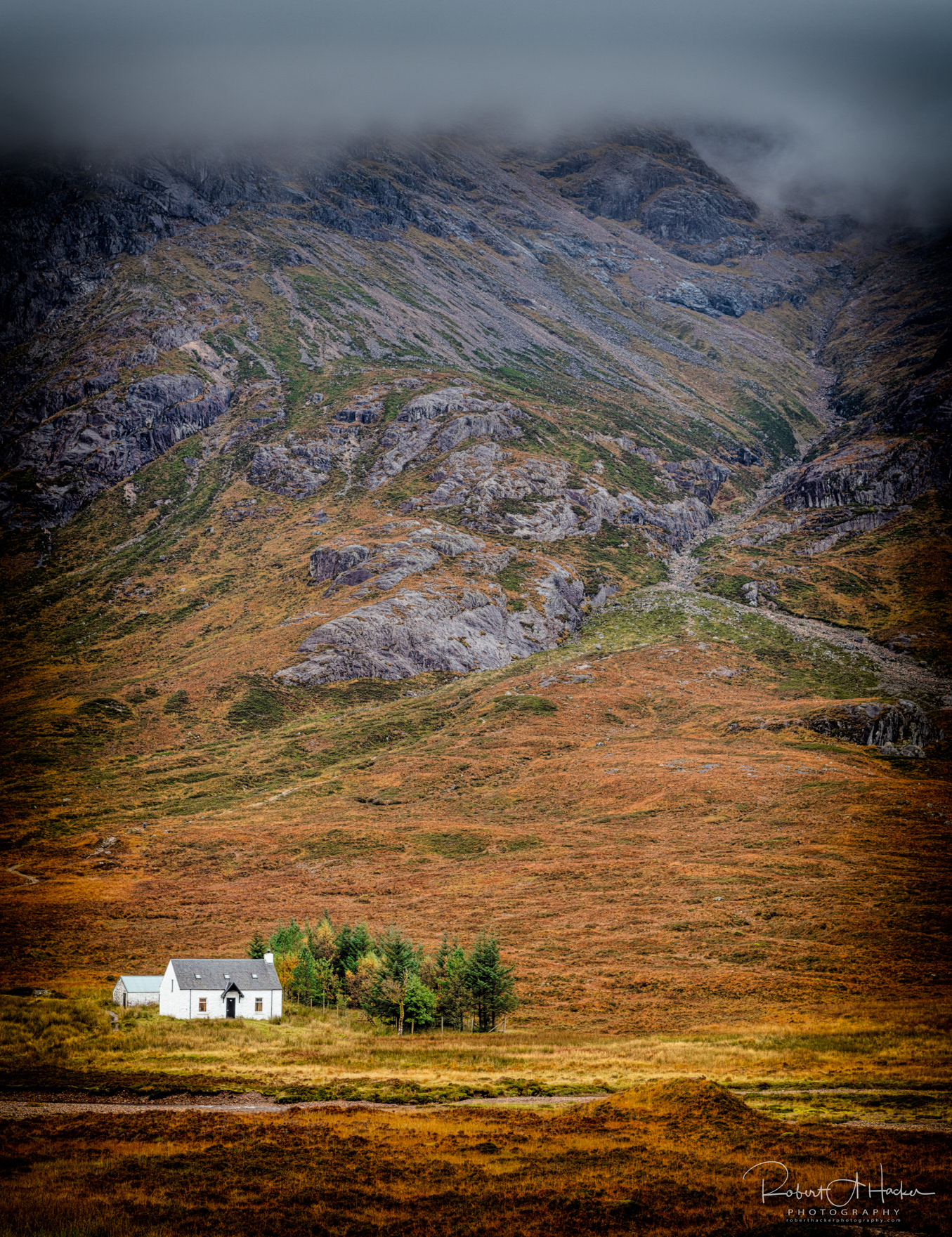 Wee White House in front of Three Sisters, Ballachulish/Glencoe area