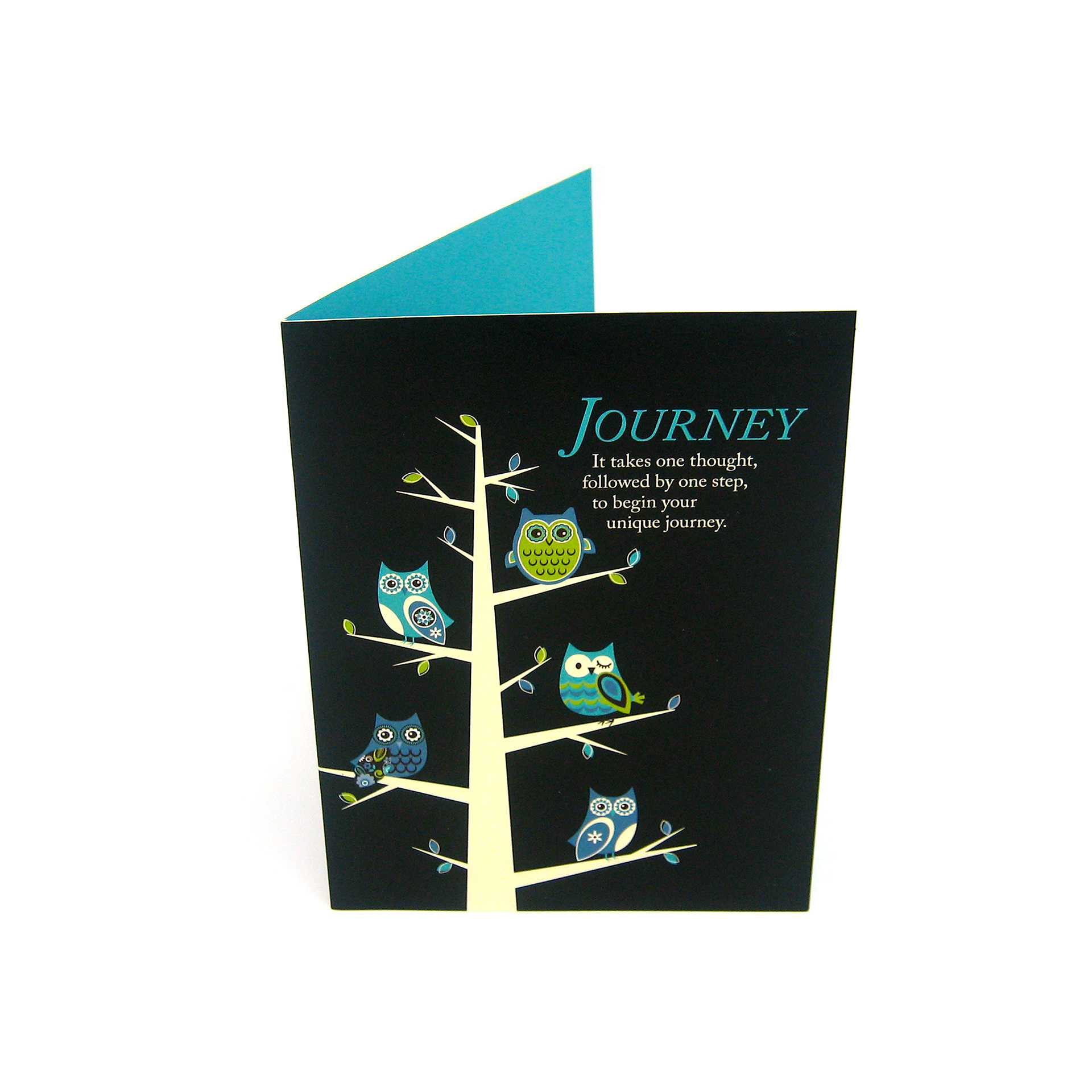 Journey inspirational quote and owl graphic on black card.