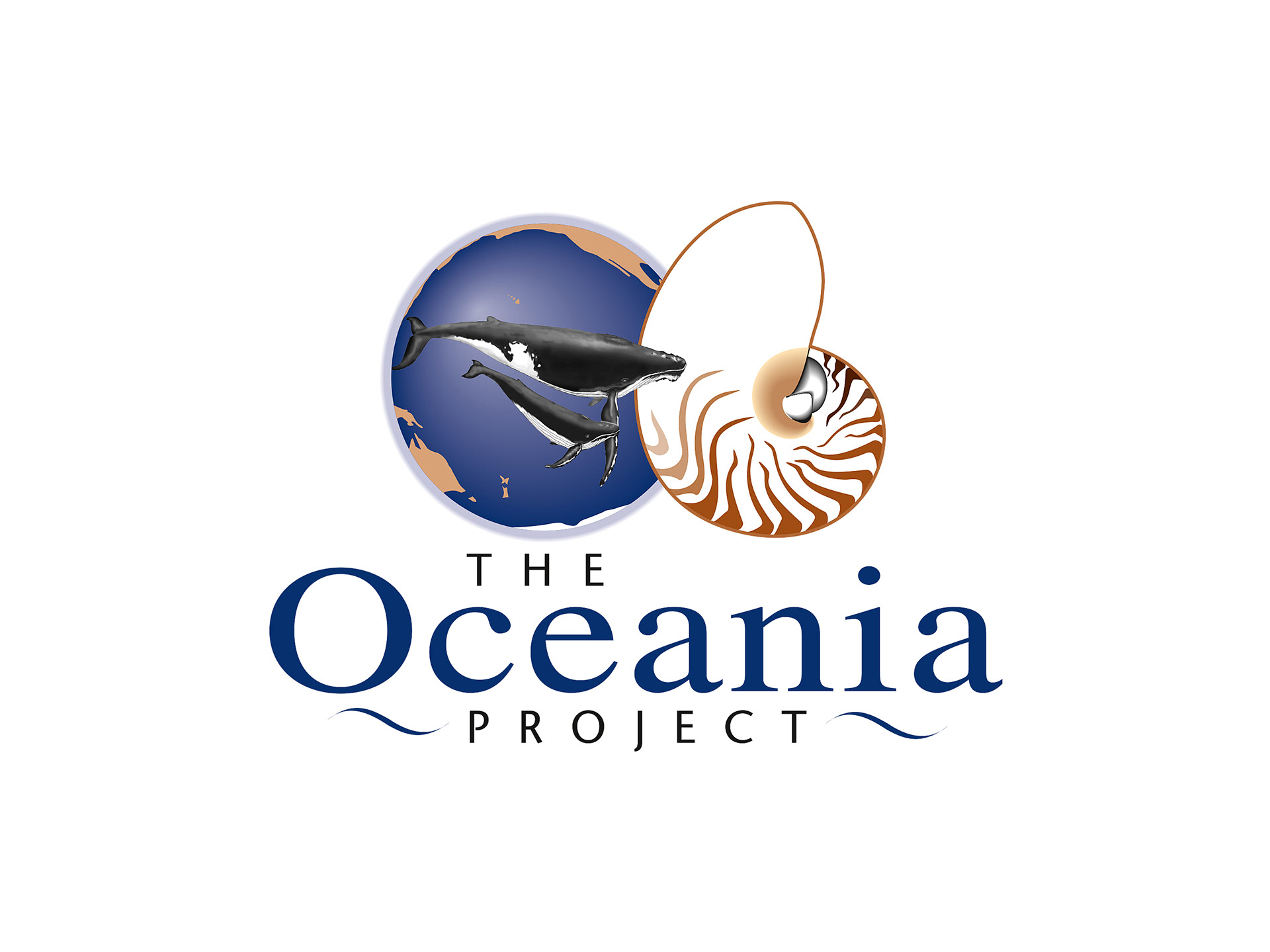 Oceania Project logo with Ocean world, Nautilus shell, Humpback Whales, and brand name below.