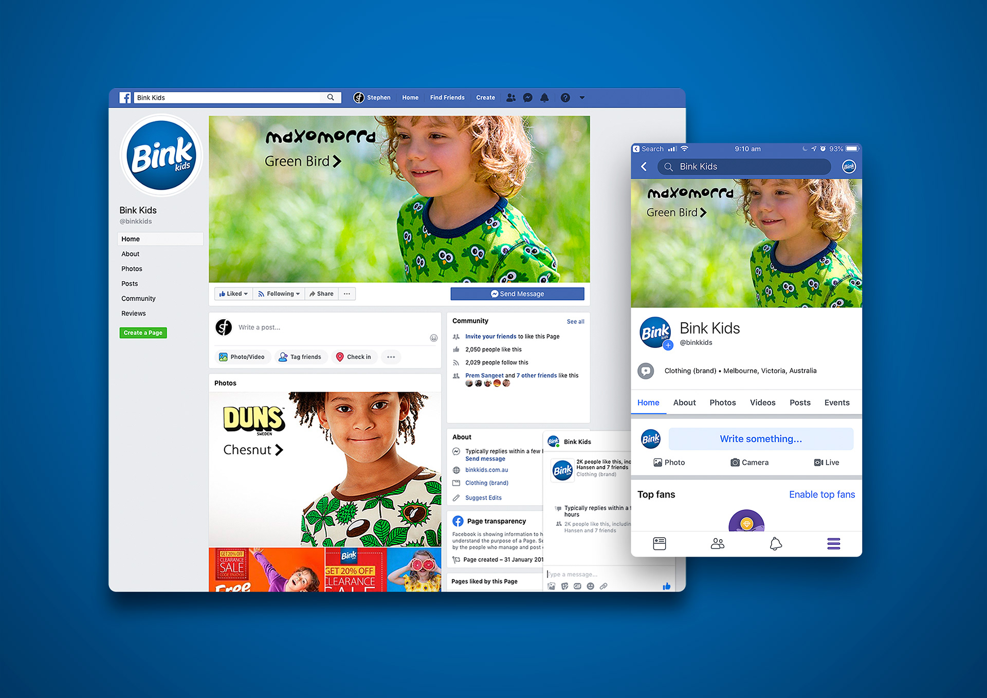 Browser and mobile views of the Bink Kids Facebook business page.