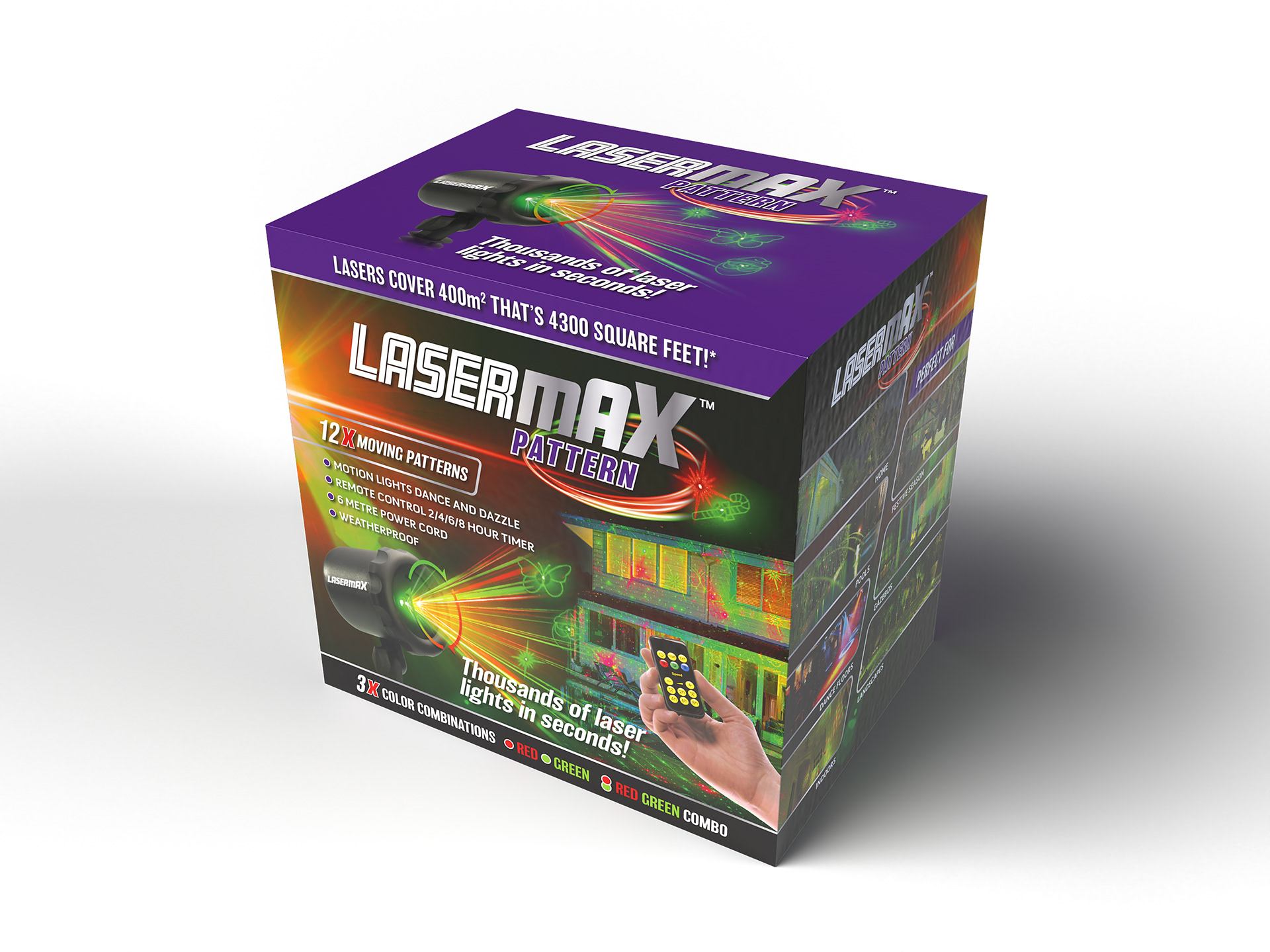 LaserMAX Pattern packaging showing the front, top, and right side of pack.
