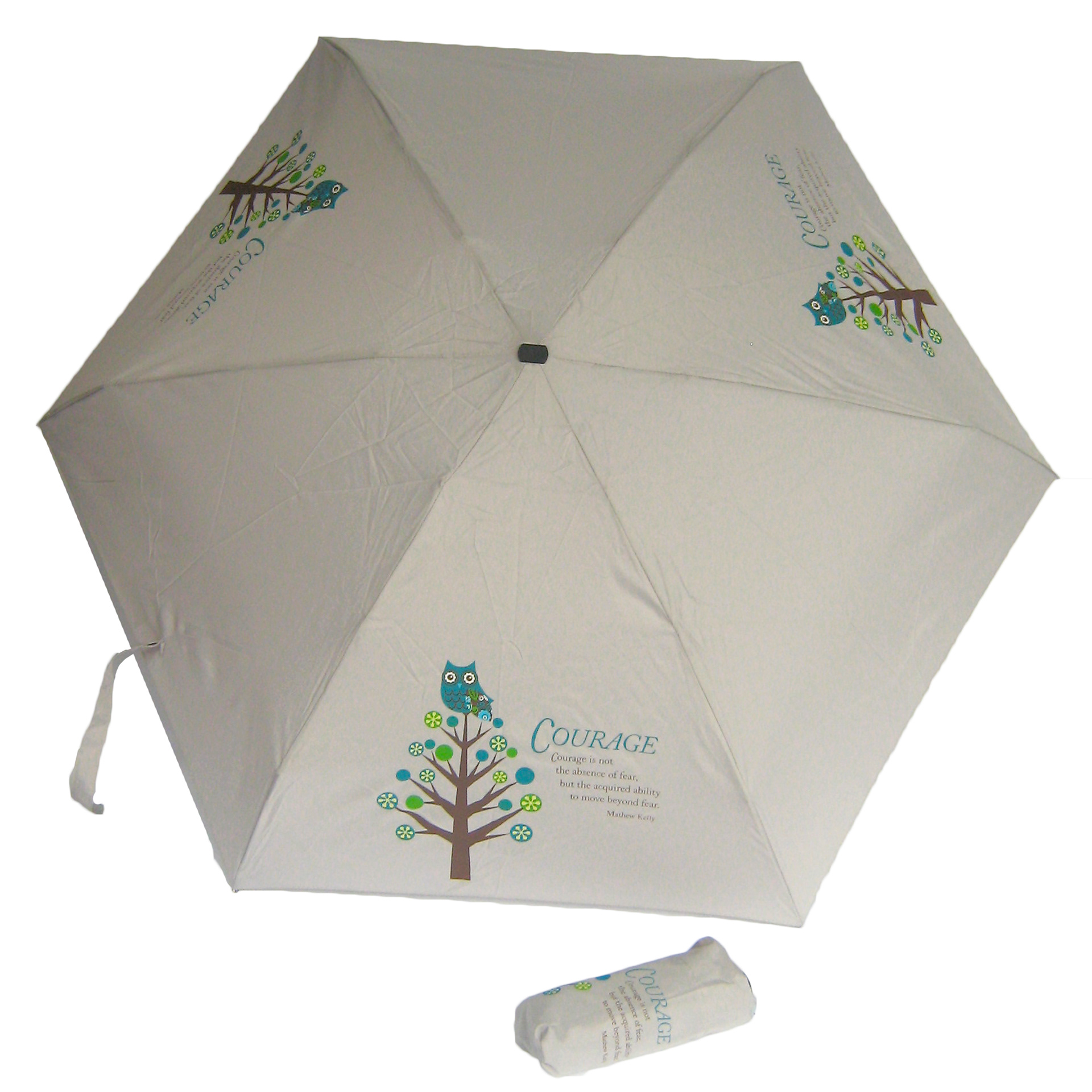Courage inspirational quote and owl graphic on tan umbrella.