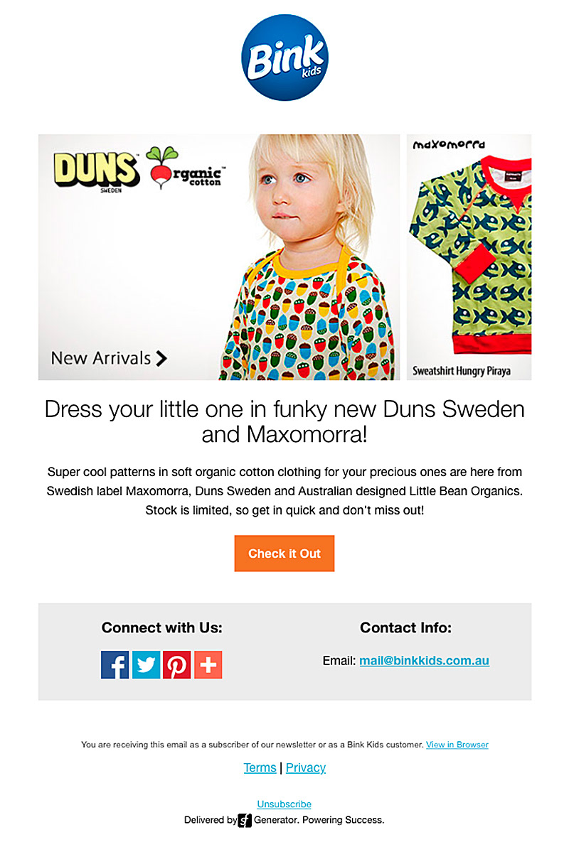 Bink Kids promotional email newsletter